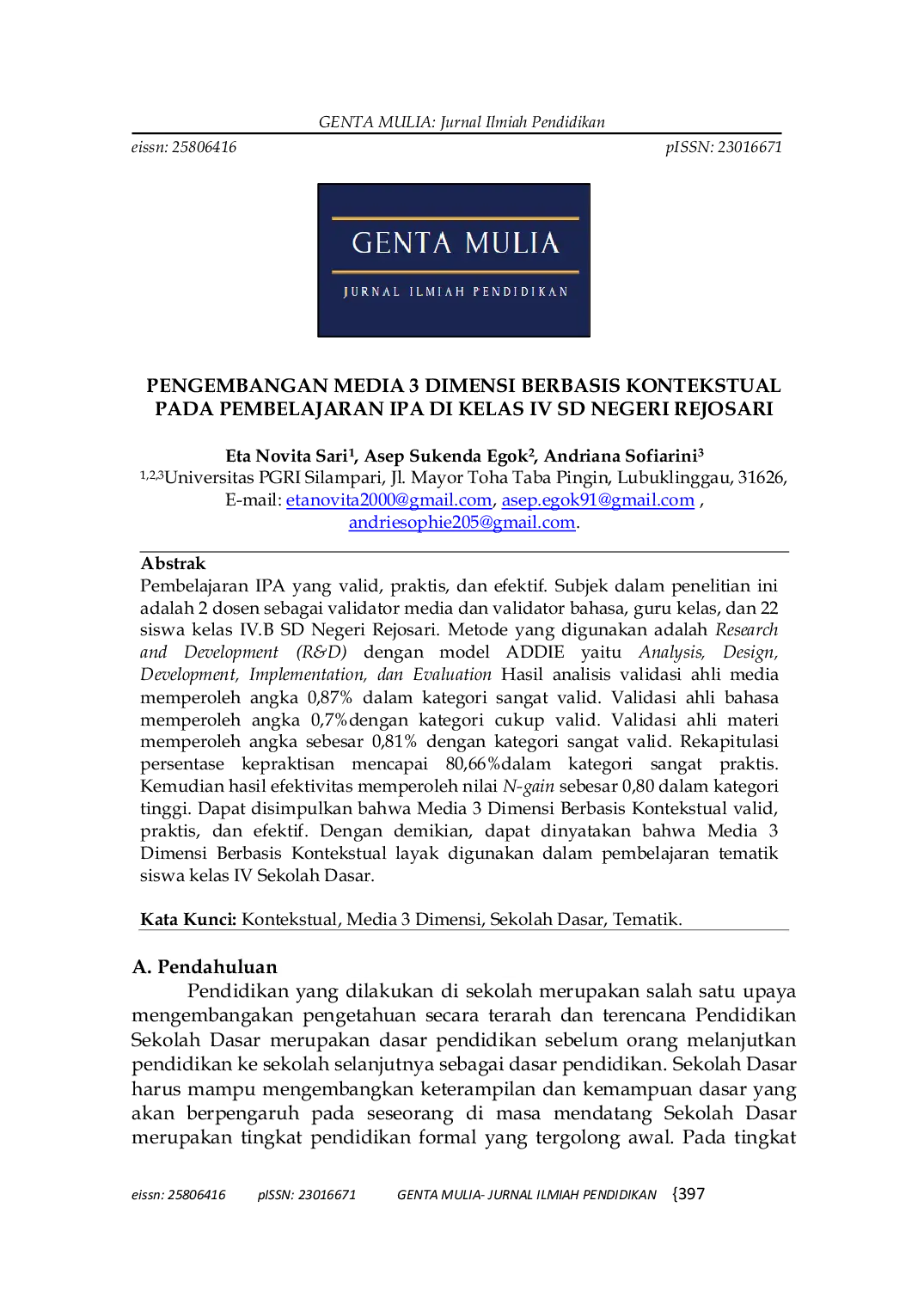 JURIS Pengembangan Media 3 Dimensi Berbasis Kontekstual Pada Pembelajaran IPA Di Kelas IV SD Negeri Rejosari