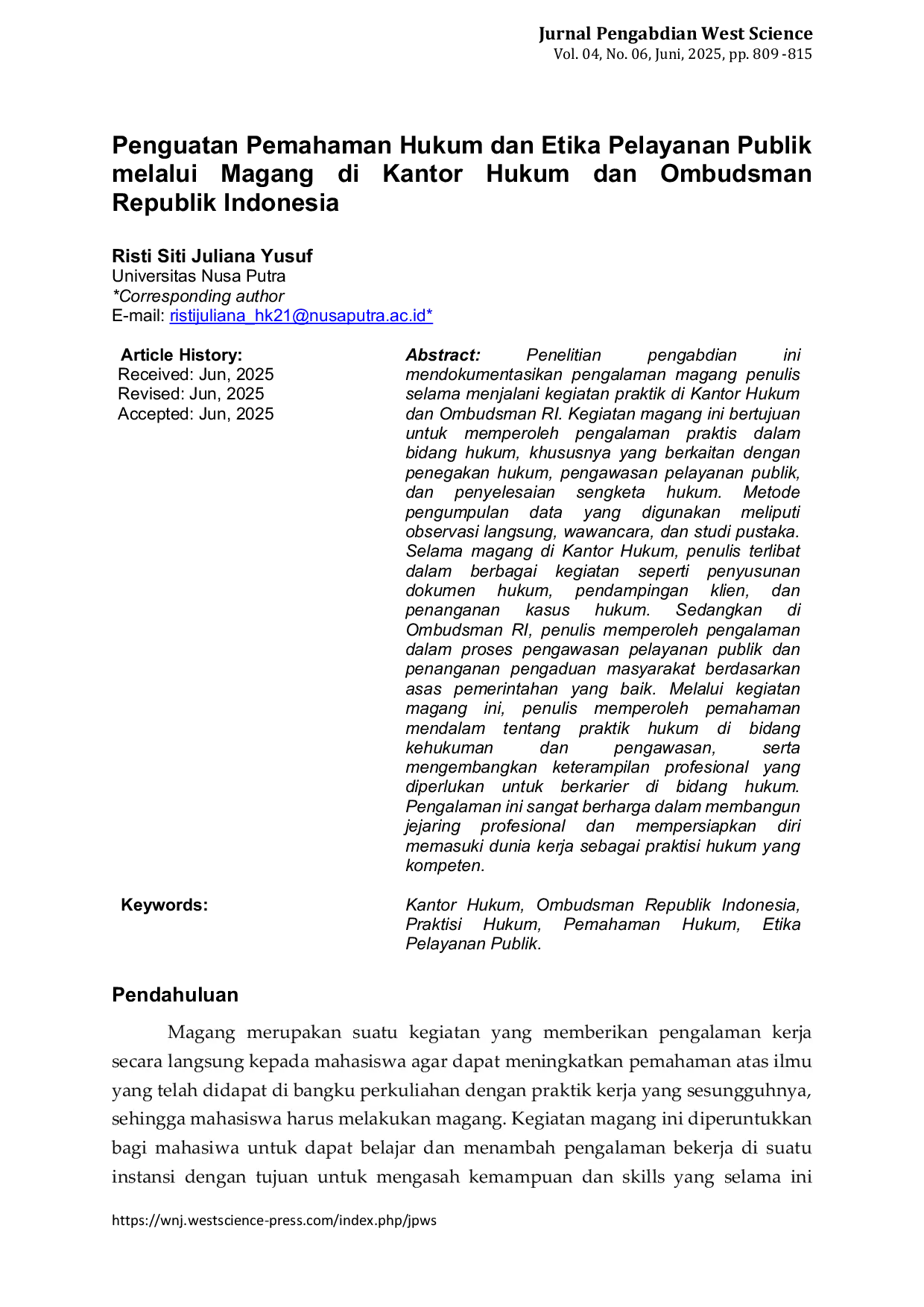JURIS Penguatan Pemahaman Hukum dan Etika Pelayanan Publik melalui Magang di Kantor Hukum dan Ombudsman Republik Indonesia