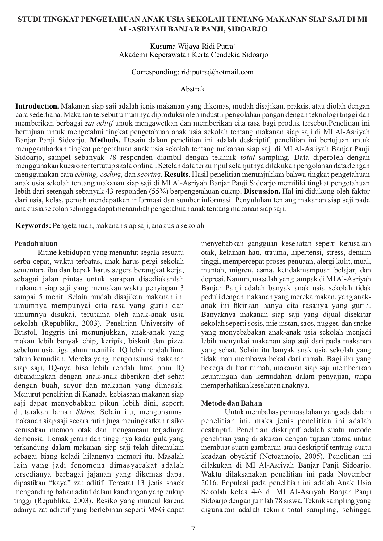 JURIS Studi Tingkat Pengetahuan Anak Usia Sekolah Tentang Makanan Siap Saji Di Mi Al Asriyah Banjar Panji Sidoarjo