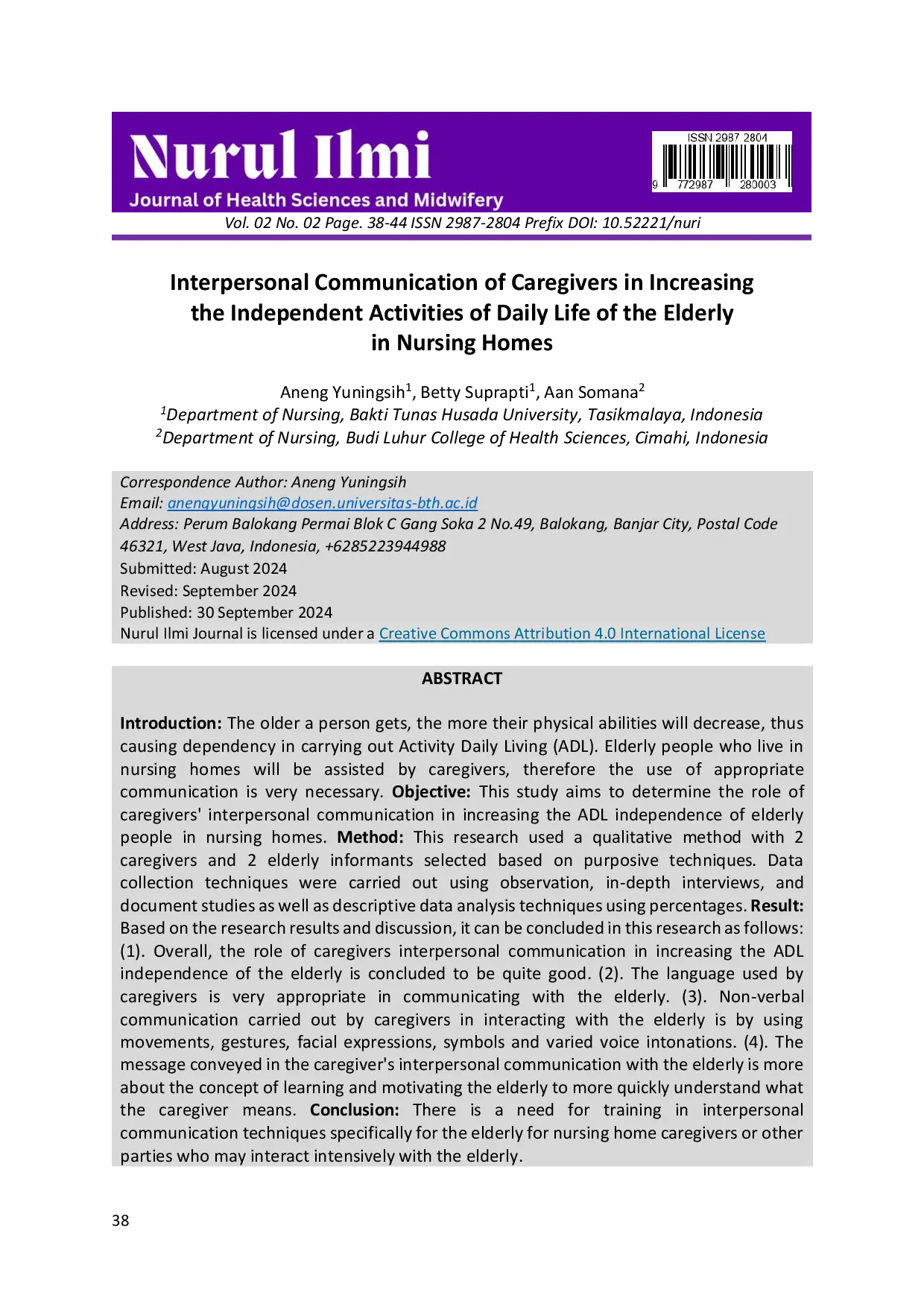JURIS Interpersonal Communication of Caregivers in Increasing the Independent Activities of Daily Life of the Elderly in Nursing Homes