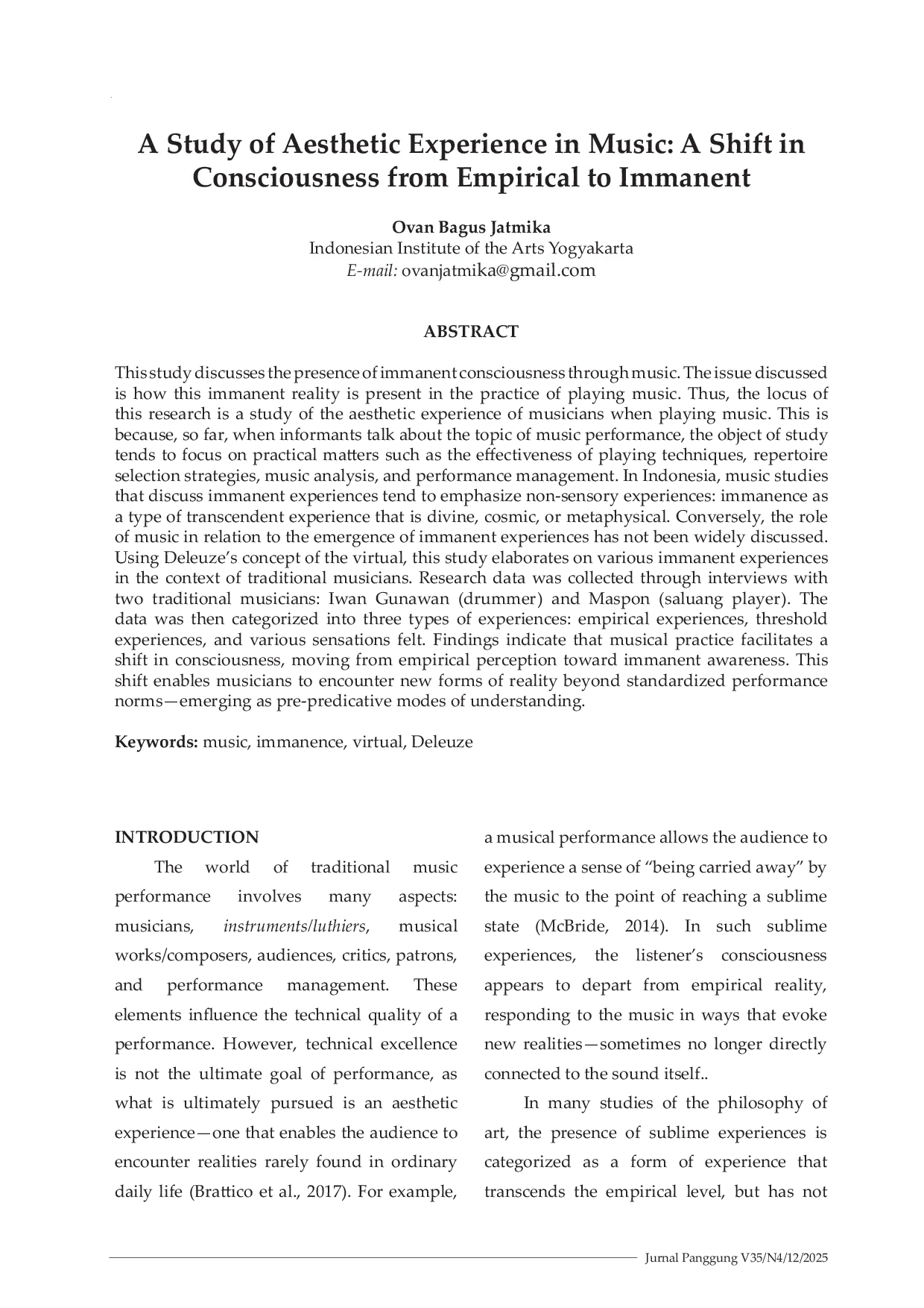JURIS A Study of Aesthetic Experience in Music A Shift in Consciousness from Empirical to Immanent