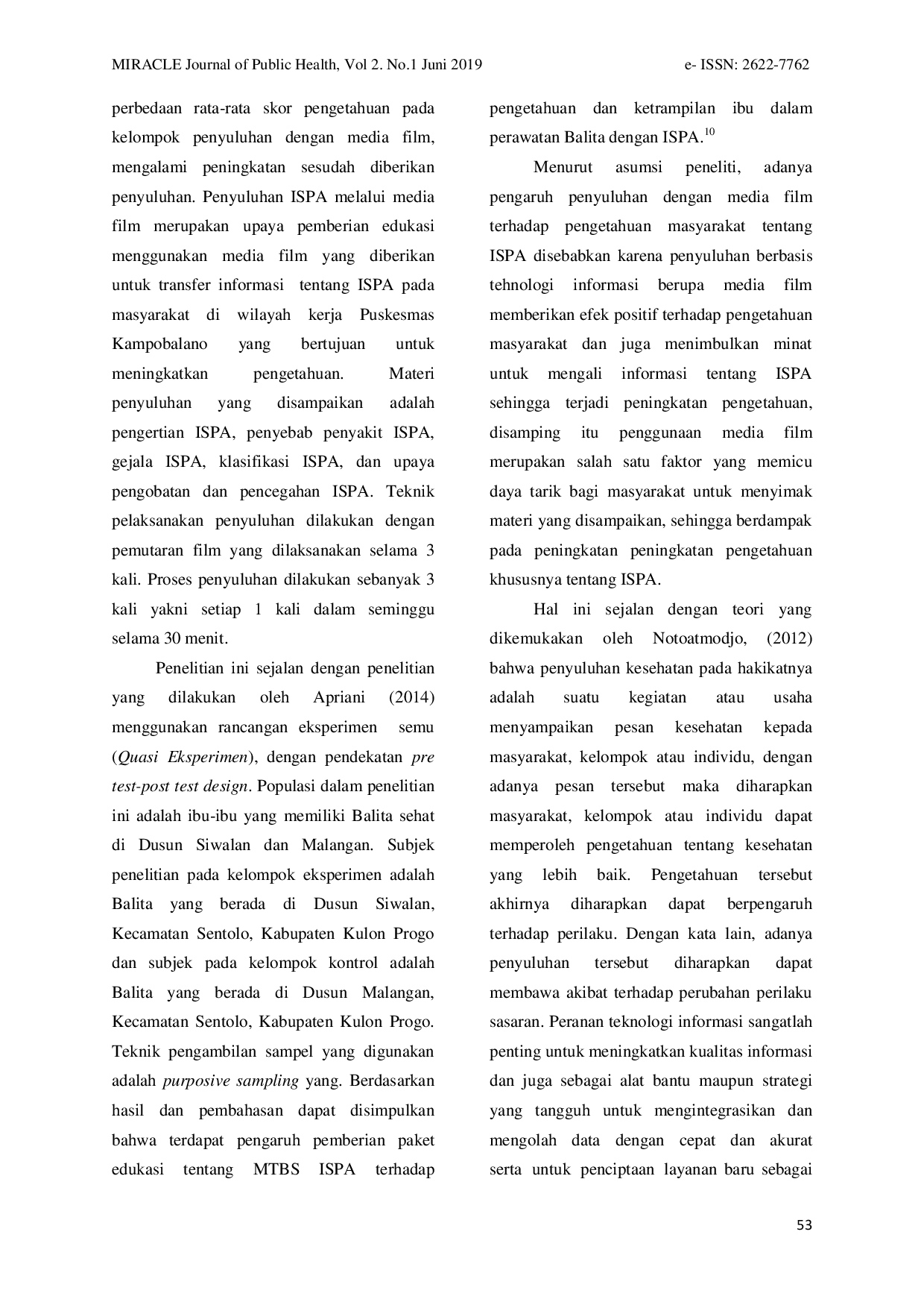 JURIS Pengaruh Penyuluhan ISPA Melalui Media Film Terhadap Peningkatan Pengetahuan Tentang ISPA Pada Masyarakat Di Wilayah Kerja Puskesmas Kampobalano Kecamatan Sawerigadi Kabupaten Muna Barat