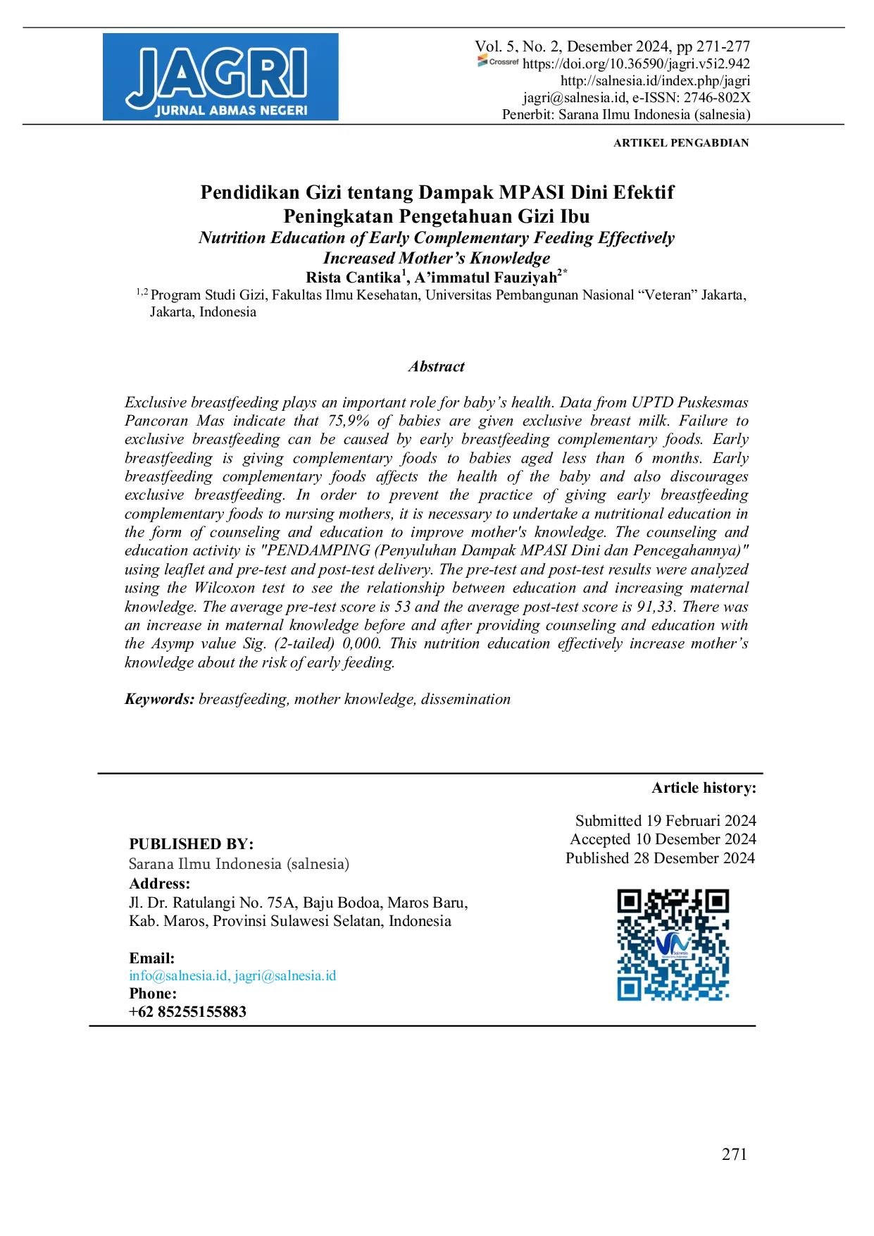 JURIS Pendidikan Gizi tentang Dampak MPASI Dini Efektif Peningkatan Pengetahuan Gizi Ibu