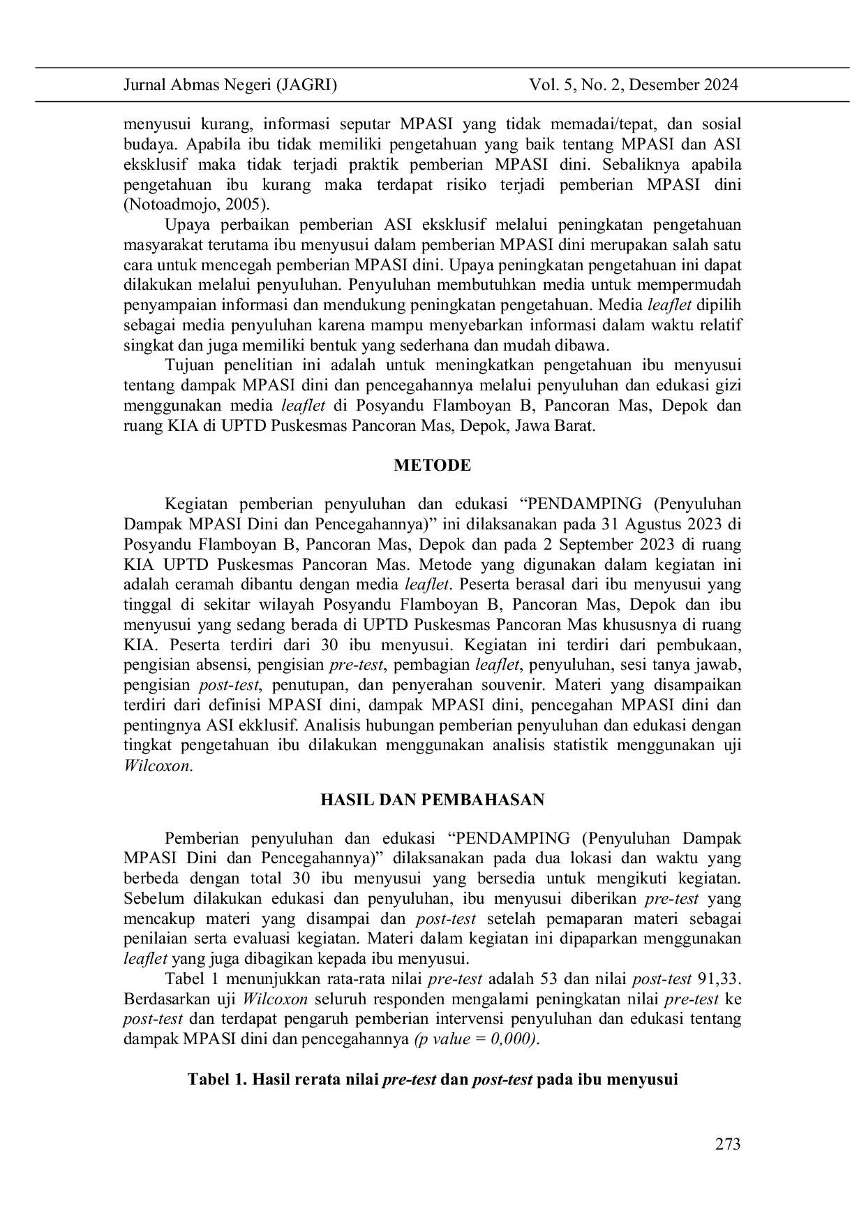 JURIS Pendidikan Gizi tentang Dampak MPASI Dini Efektif Peningkatan Pengetahuan Gizi Ibu