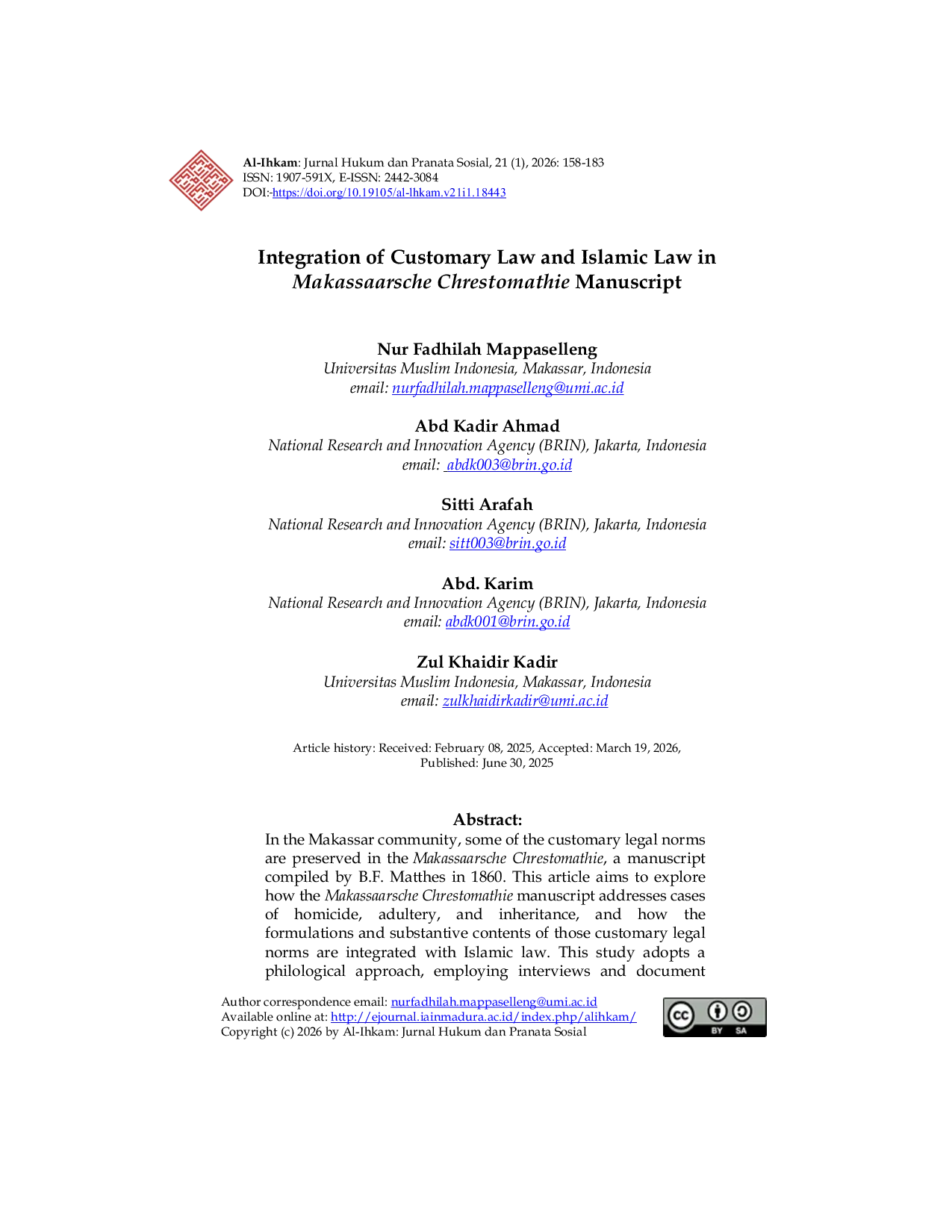 JURIS Integration of Customary Law and Islamic Law in Makassaarsche Chrestomathie Manuscript