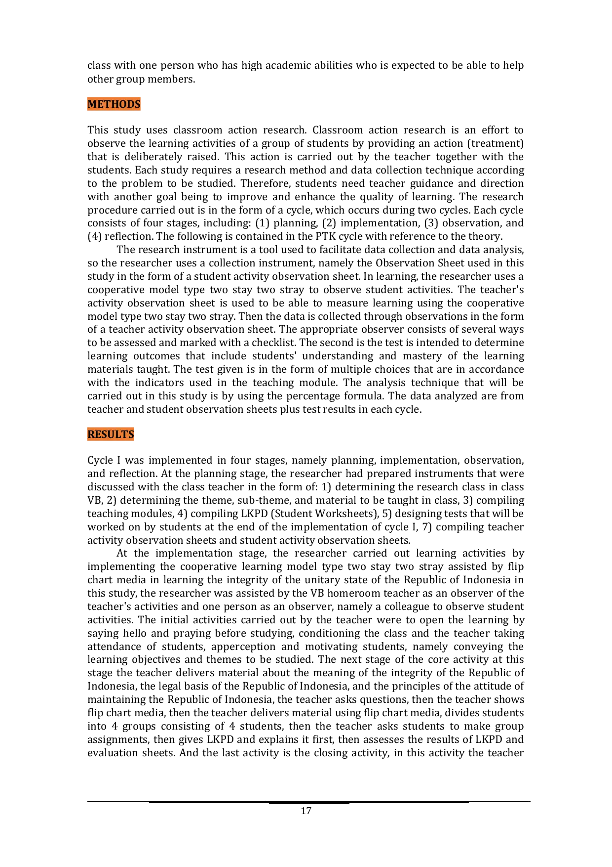 JURIS Improving Student Learning Outcomes with the Two Stay Two Stray Cooperative Learning Model and Flip Chart Media