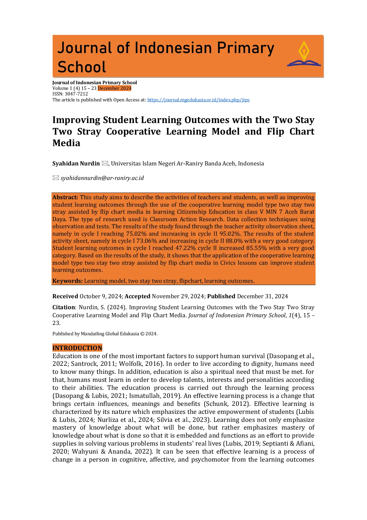 JURIS Improving Student Learning Outcomes with the Two Stay Two Stray Cooperative Learning Model and Flip Chart Media