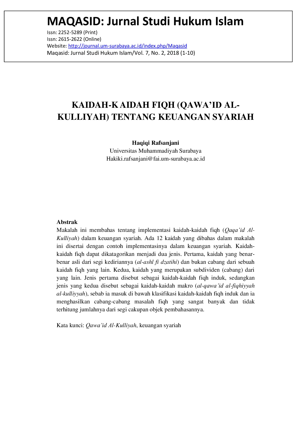 JURIS Kaidah Kaidah Fiqh Qawa id Al Kulliyah tentang Keuangan Syariah