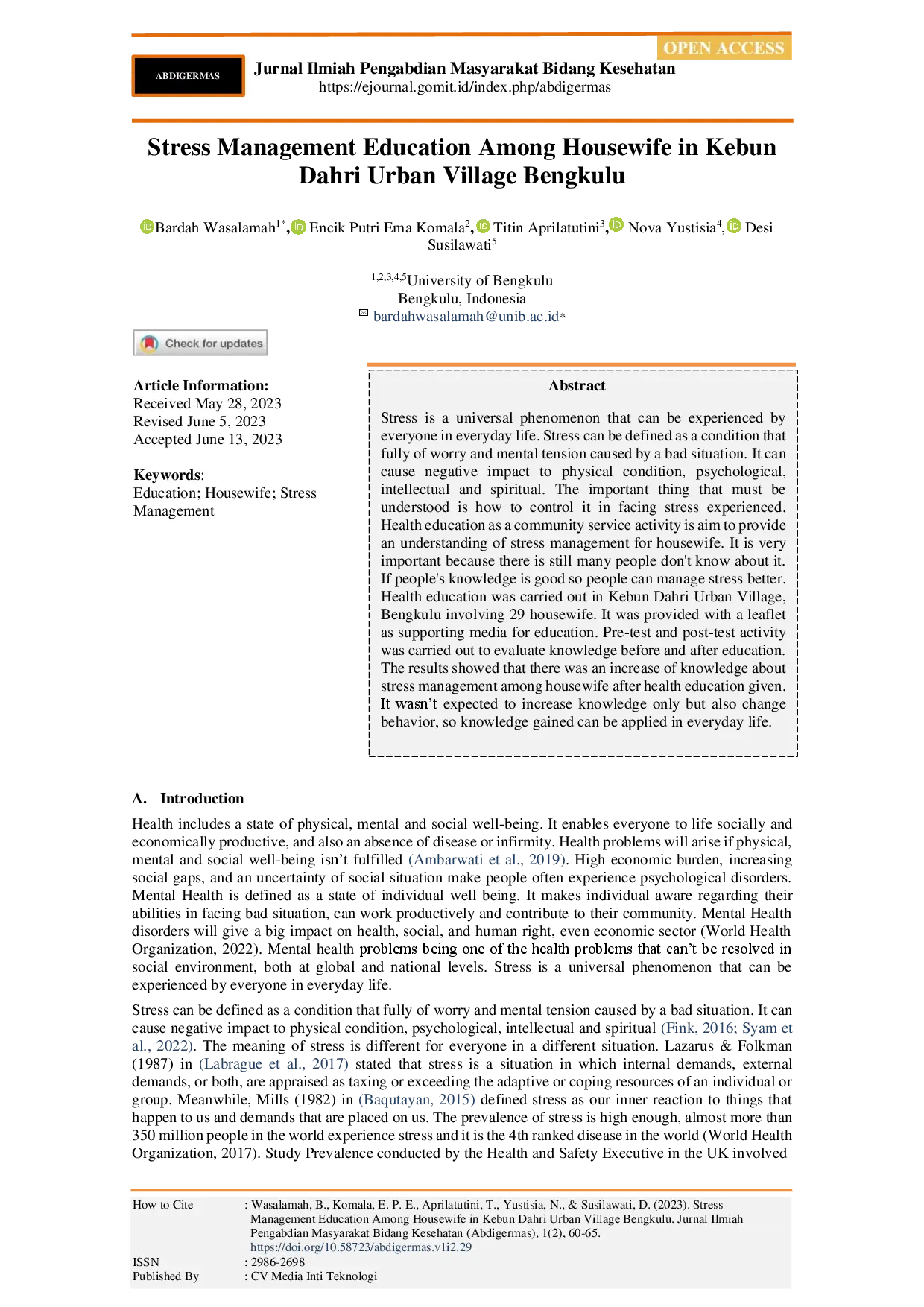 juris Stress Management Education Among Housewife in Kebun Dahri Urban Village Bengkulu