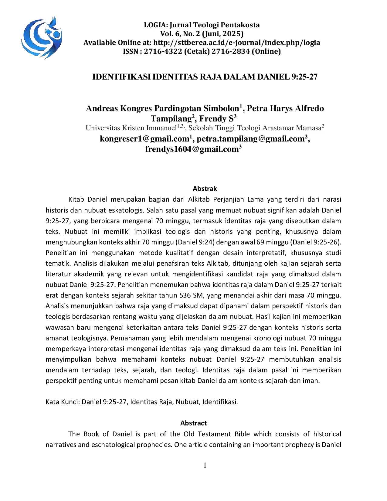 JURIS IDENTIFIKASI IDENTITAS RAJA DALAM DANIEL 9 25 27