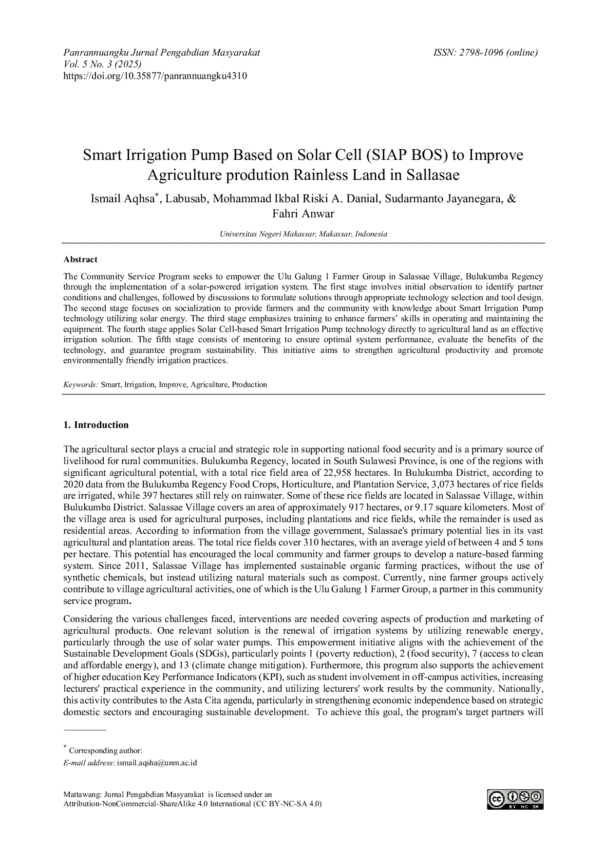 JURIS Smart Irrigation Pump Based on Solar Cell SIAP BOS to Improve Agriculture prodution Rainless Land in Sallasae