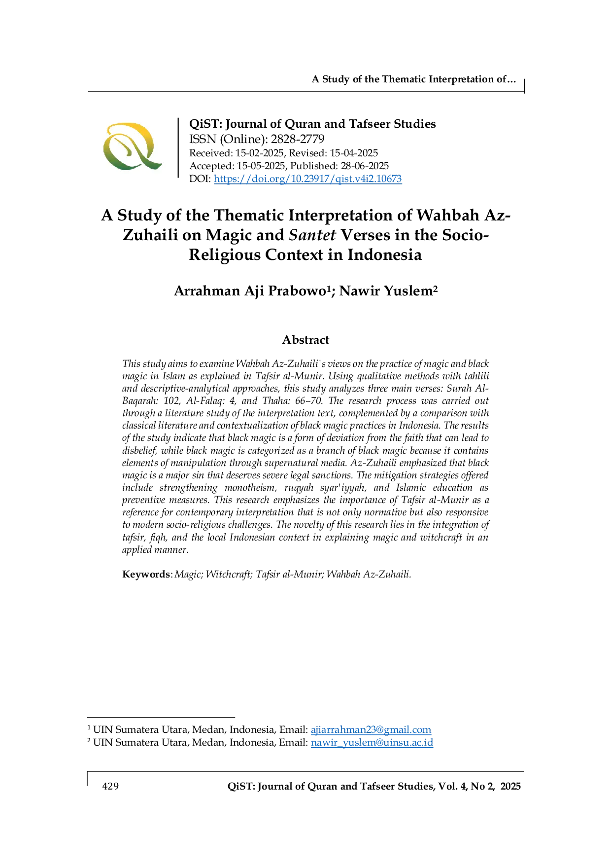 JURIS A Study of the Thematic Interpretation of Wahbah Az Zuhaili on Magic and Santet Verses in the Socio Religious Context in Indonesia