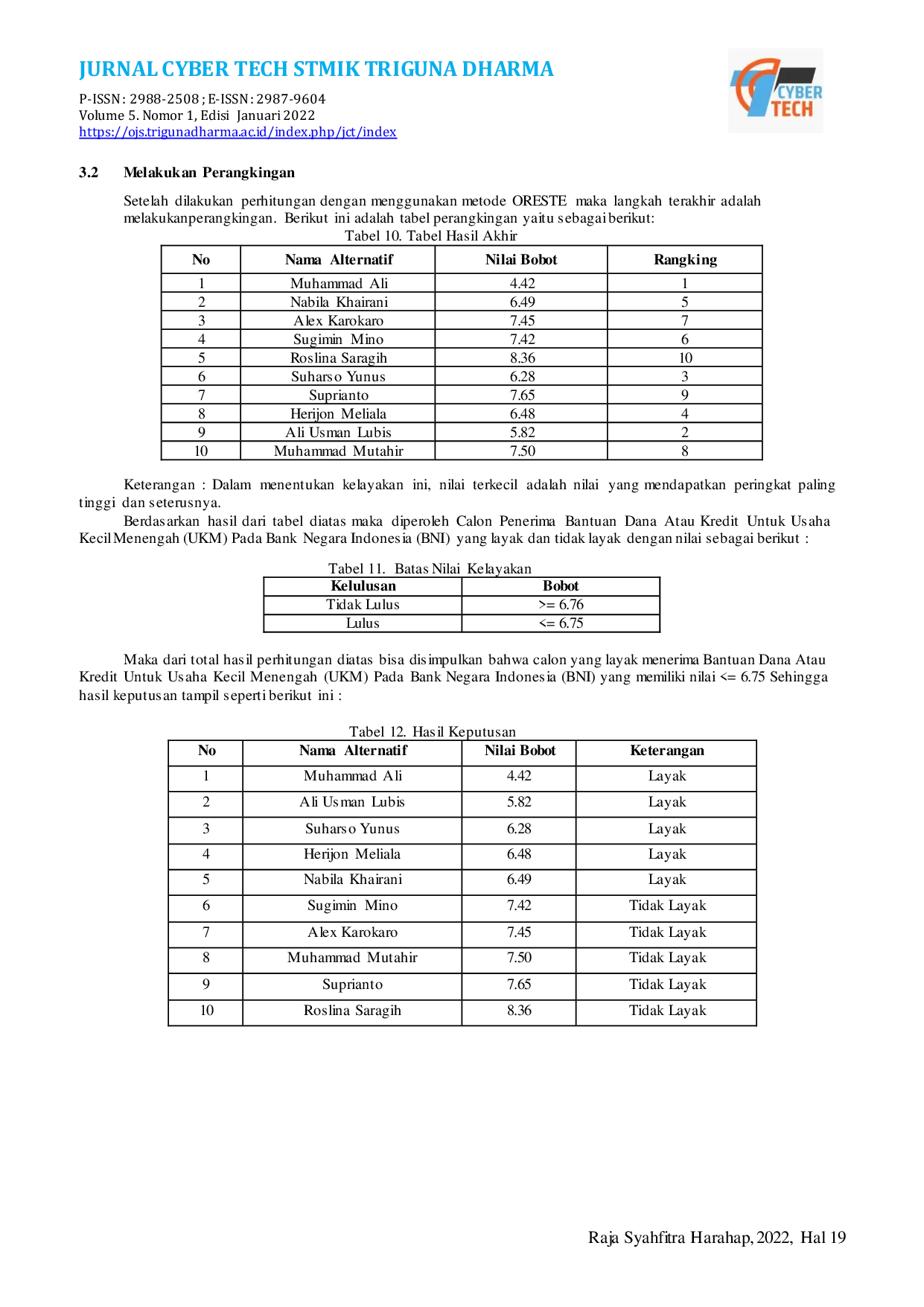 JURIS Implementasi Kelayakan Pemberian Bantuan Dana Atau Kredit Untuk UKM Pada BNI Menggunakan Metode ORESTE