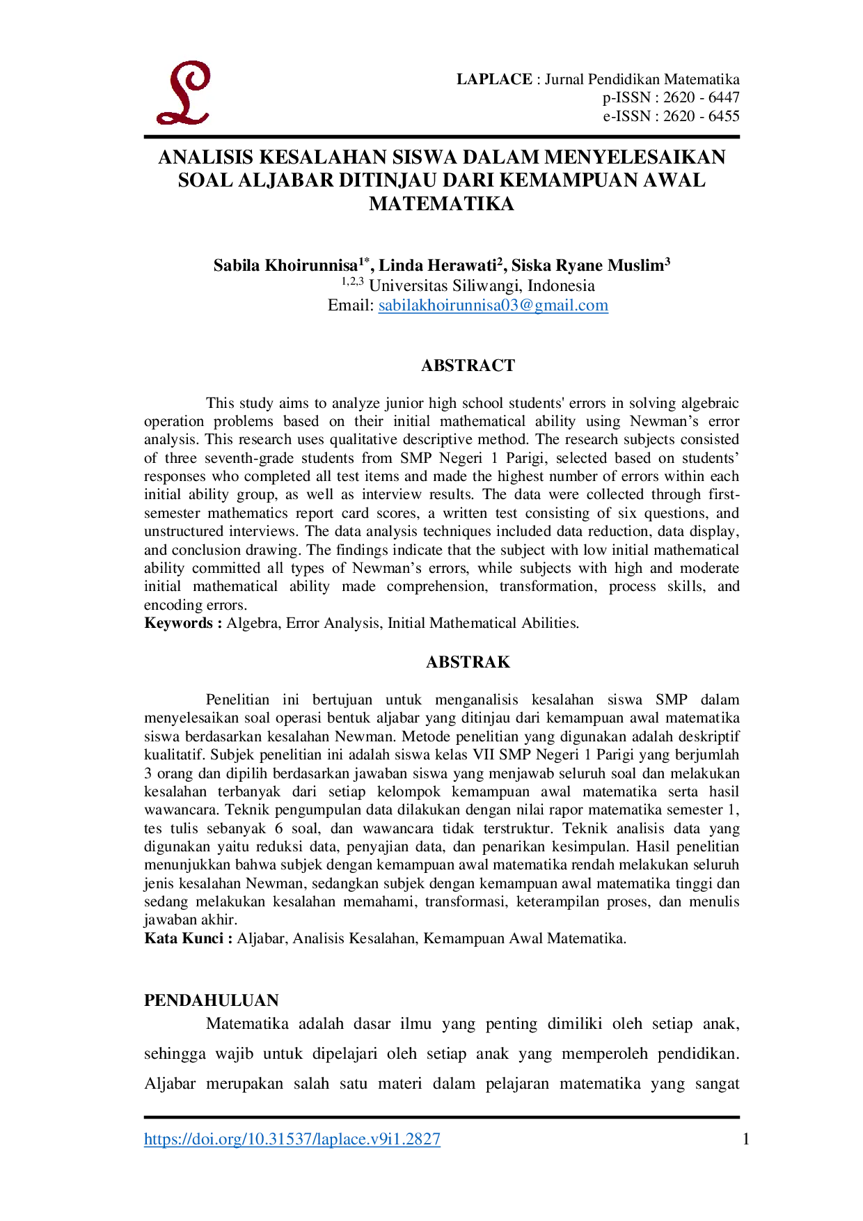 JURIS Analisis Kesalahan Siswa dalam Menyelesaikan Soal AljabarDitinjau dari Kemampuan Awal Matematika