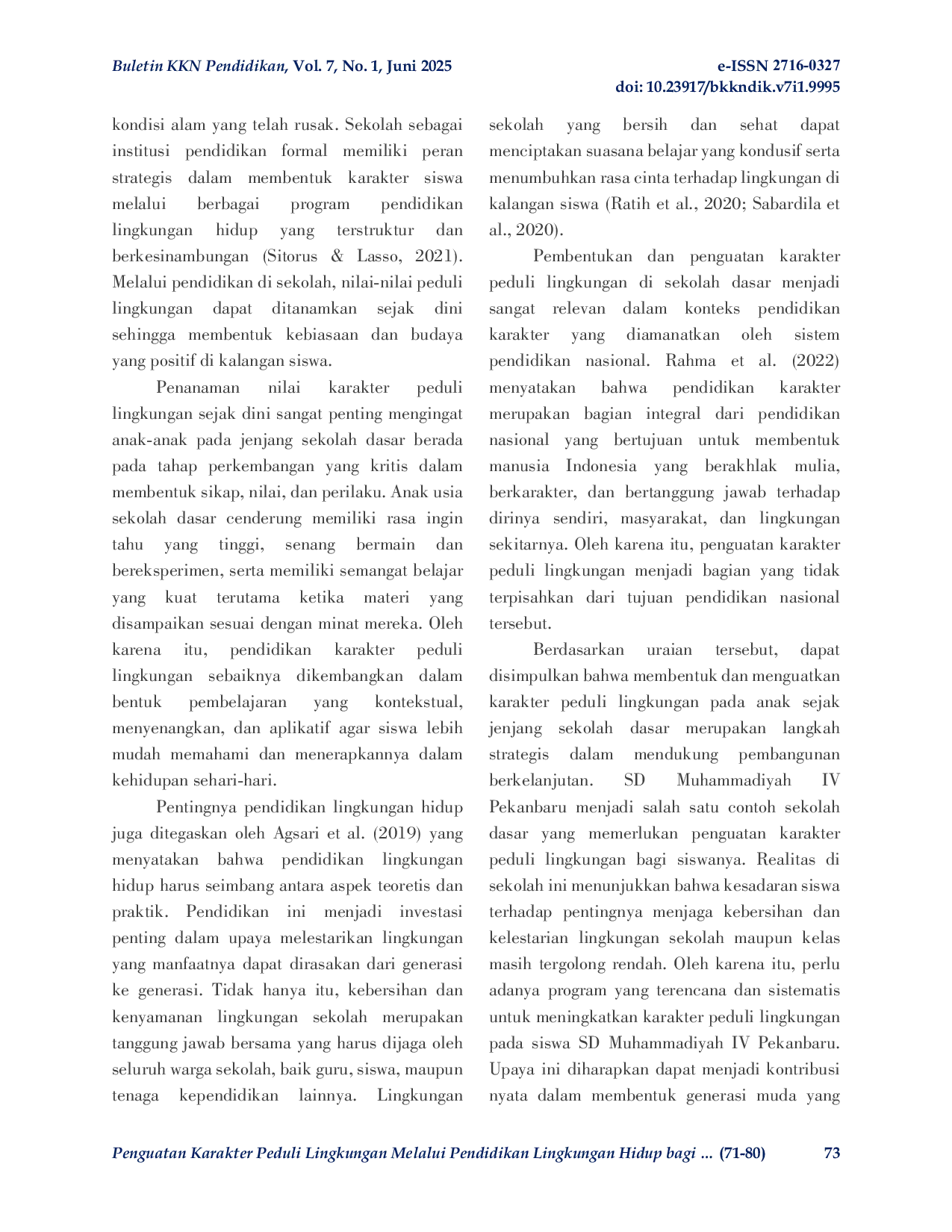 JURIS Penguatan Karakter Peduli Lingkungan Melalui Pendidikan Lingkungan Hidup bagi Siswa Sekolah Dasar di Pekanbaru