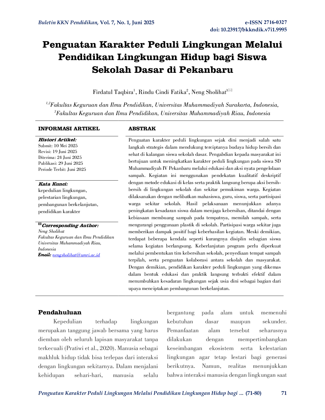 JURIS Penguatan Karakter Peduli Lingkungan Melalui Pendidikan Lingkungan Hidup bagi Siswa Sekolah Dasar di Pekanbaru
