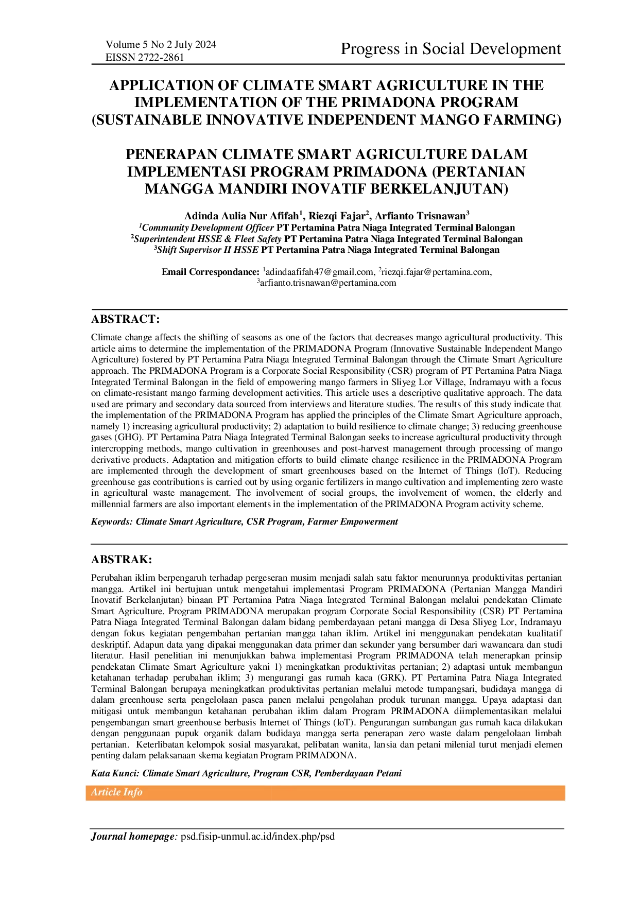 JURIS Application Of Climate Smart Agriculture In The Implementation Of The Primadona Program Sustainable Innovative Independent Mango Farming