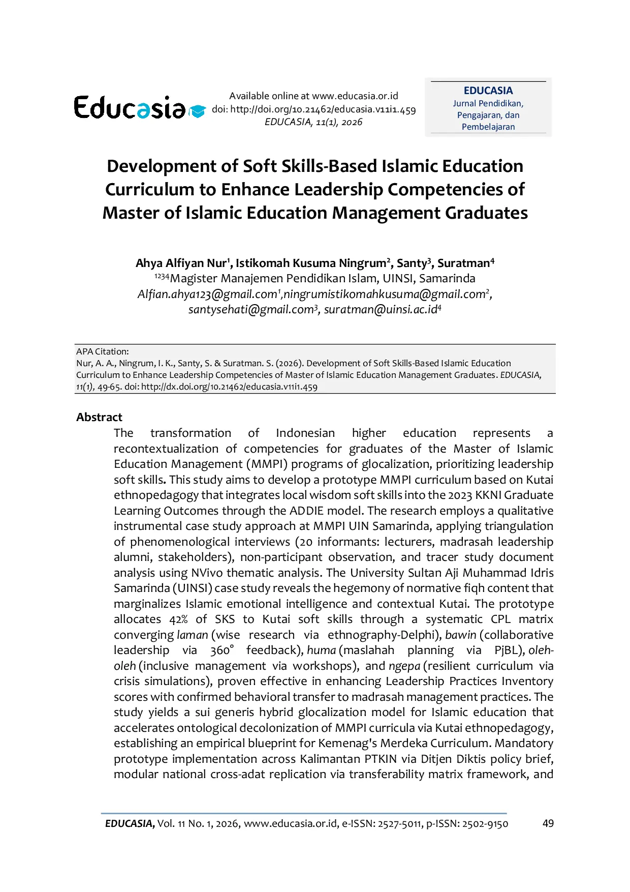 JURIS Development of Soft Skills Based Islamic Education Curriculum to Enhance Leadership Competencies of Master of Islamic Education Management Graduates
