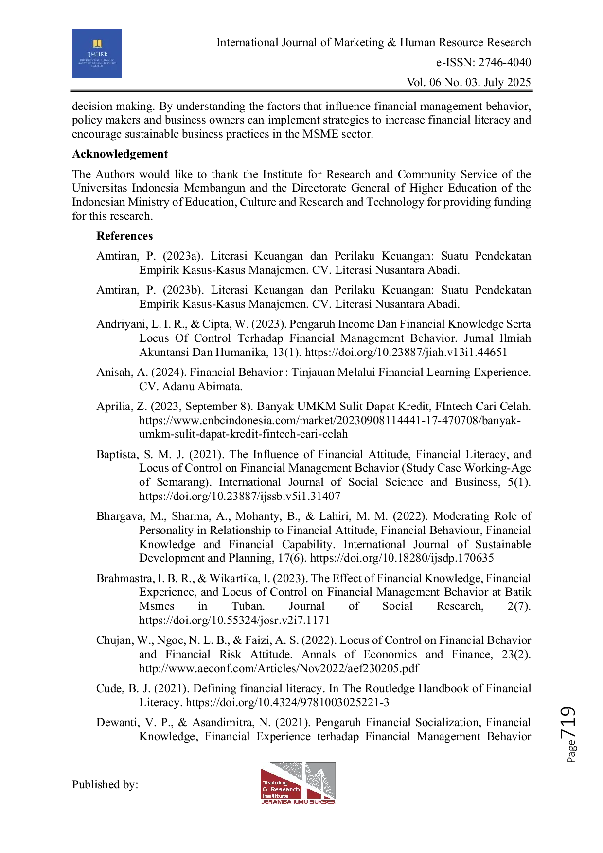JURIS Predictors Financial Management Behavior of MSMEs in Bandung
