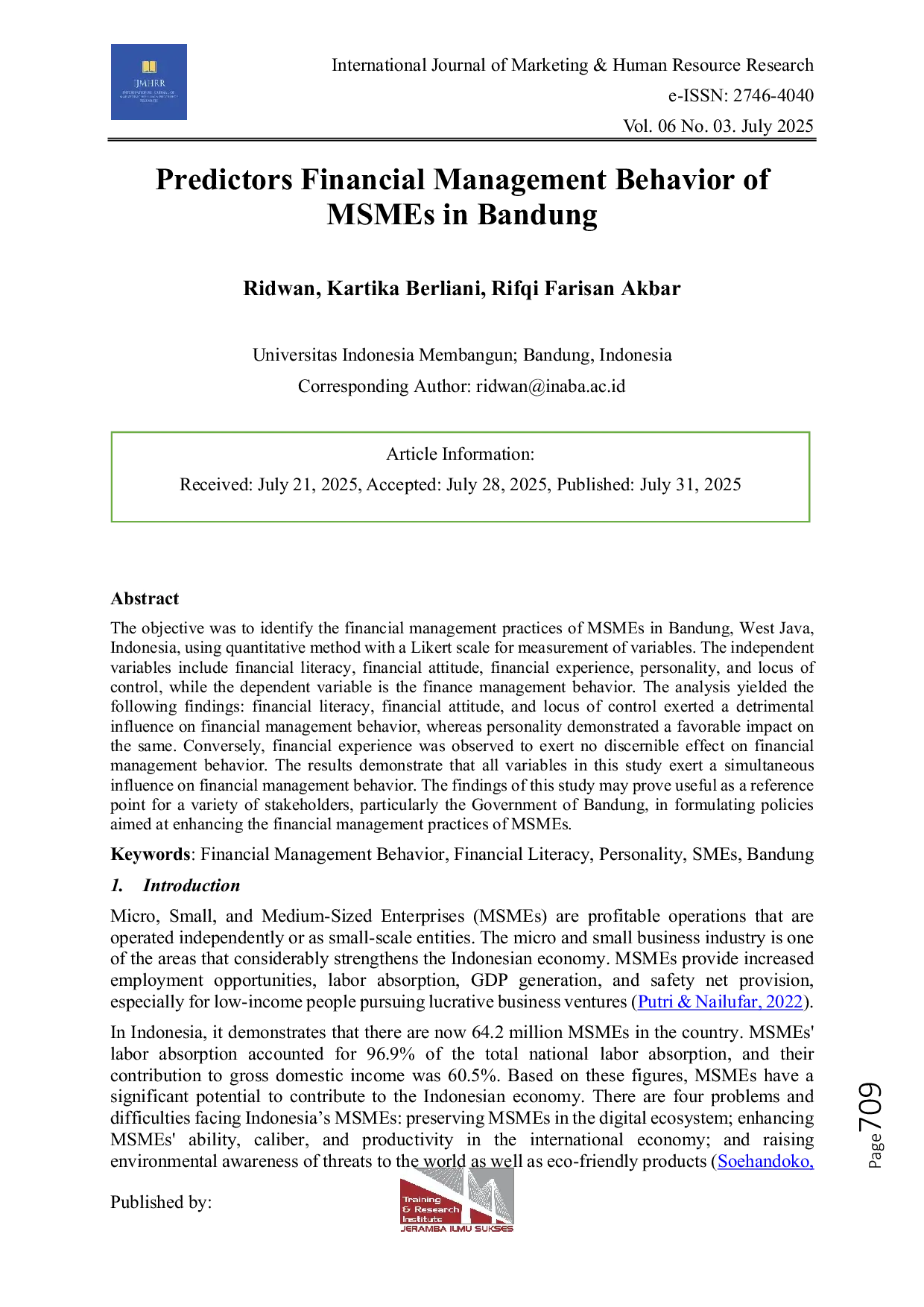 JURIS Predictors Financial Management Behavior of MSMEs in Bandung