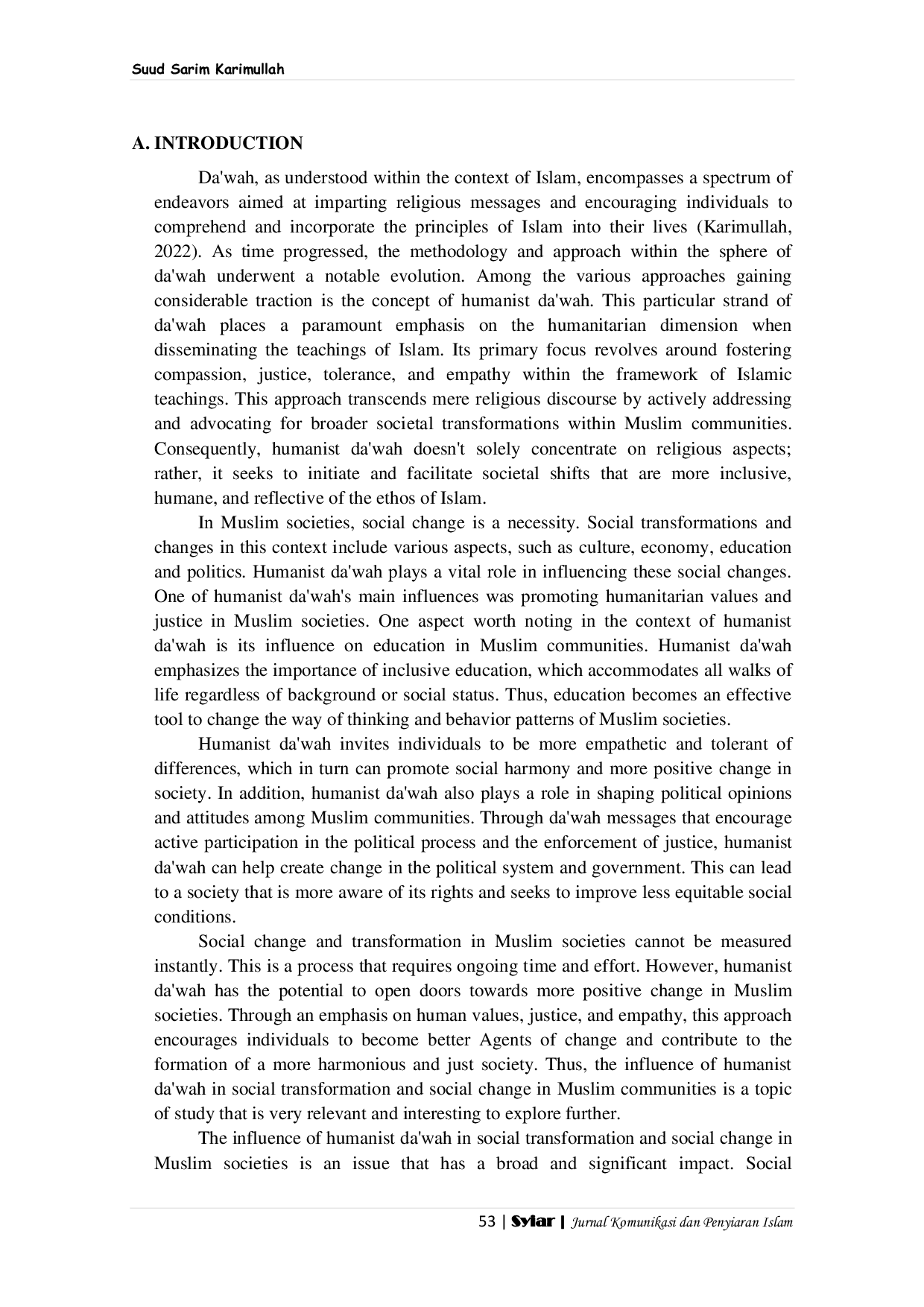 JURIS The Influence of Humanist Da wah in Social Transformation and Social Change in Muslim Societies