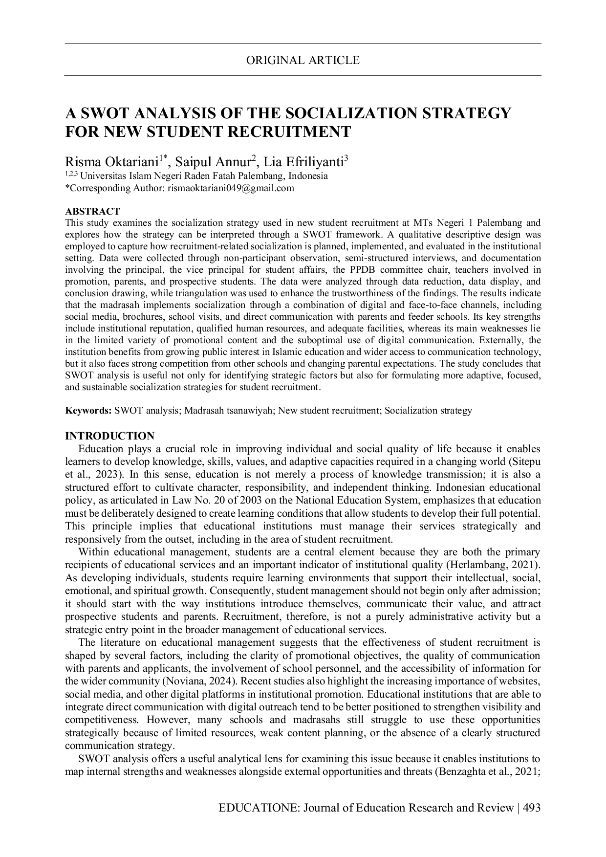 JURIS A SWOT Analysis of the Socialization Strategy for New Student Recruitment