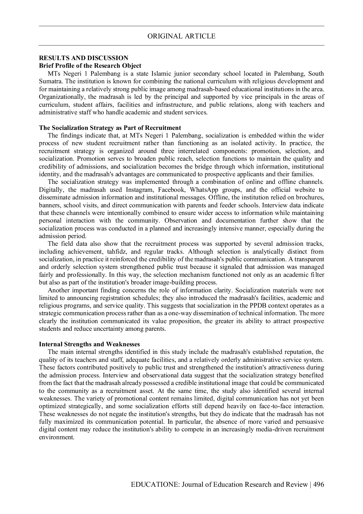 JURIS A SWOT Analysis of the Socialization Strategy for New Student Recruitment