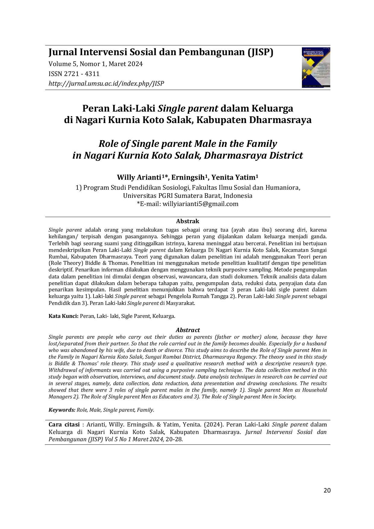 JURIS Peran Laki Laki Single Parent dalam Keluarga di Nagari Kurnia Koto Salak Kabupaten Dharmasraya