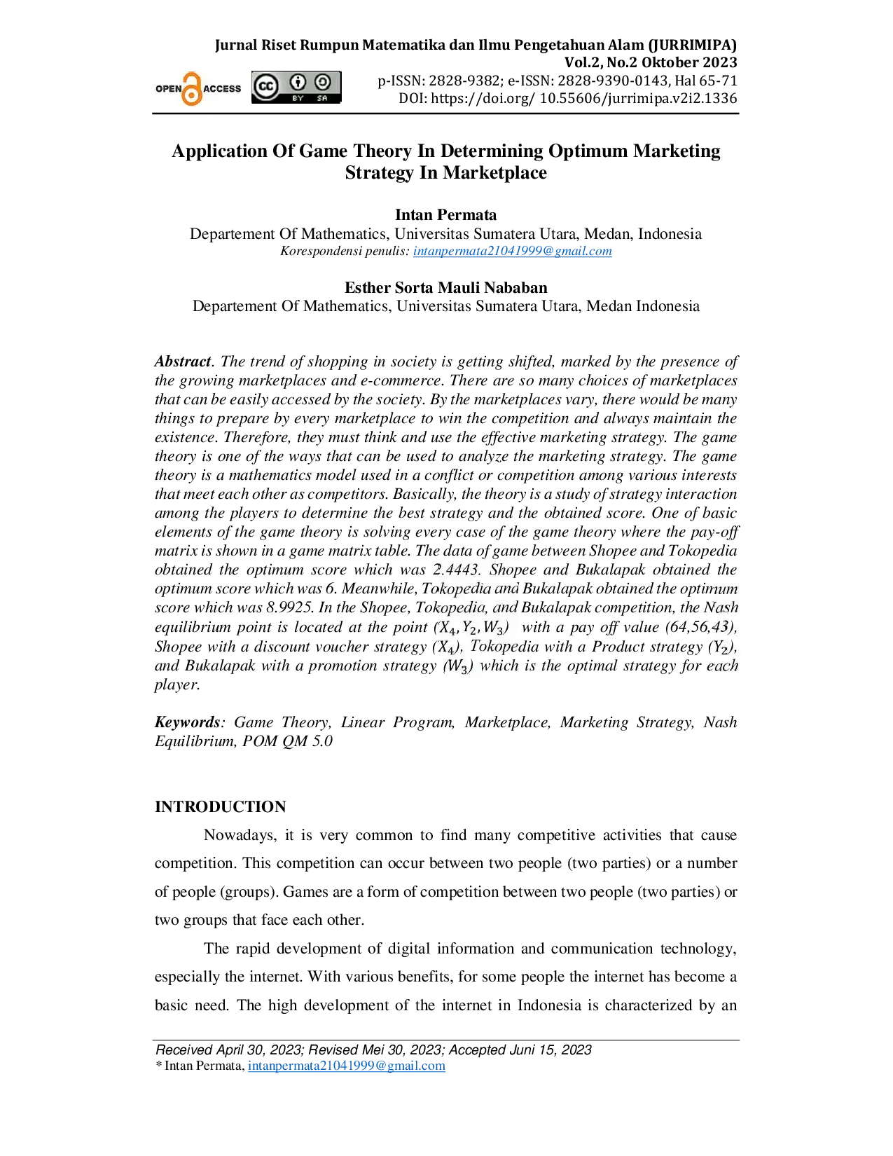 JURIS Application Of Game Theory In Determining Optimum Marketing Strategy In Marketplace