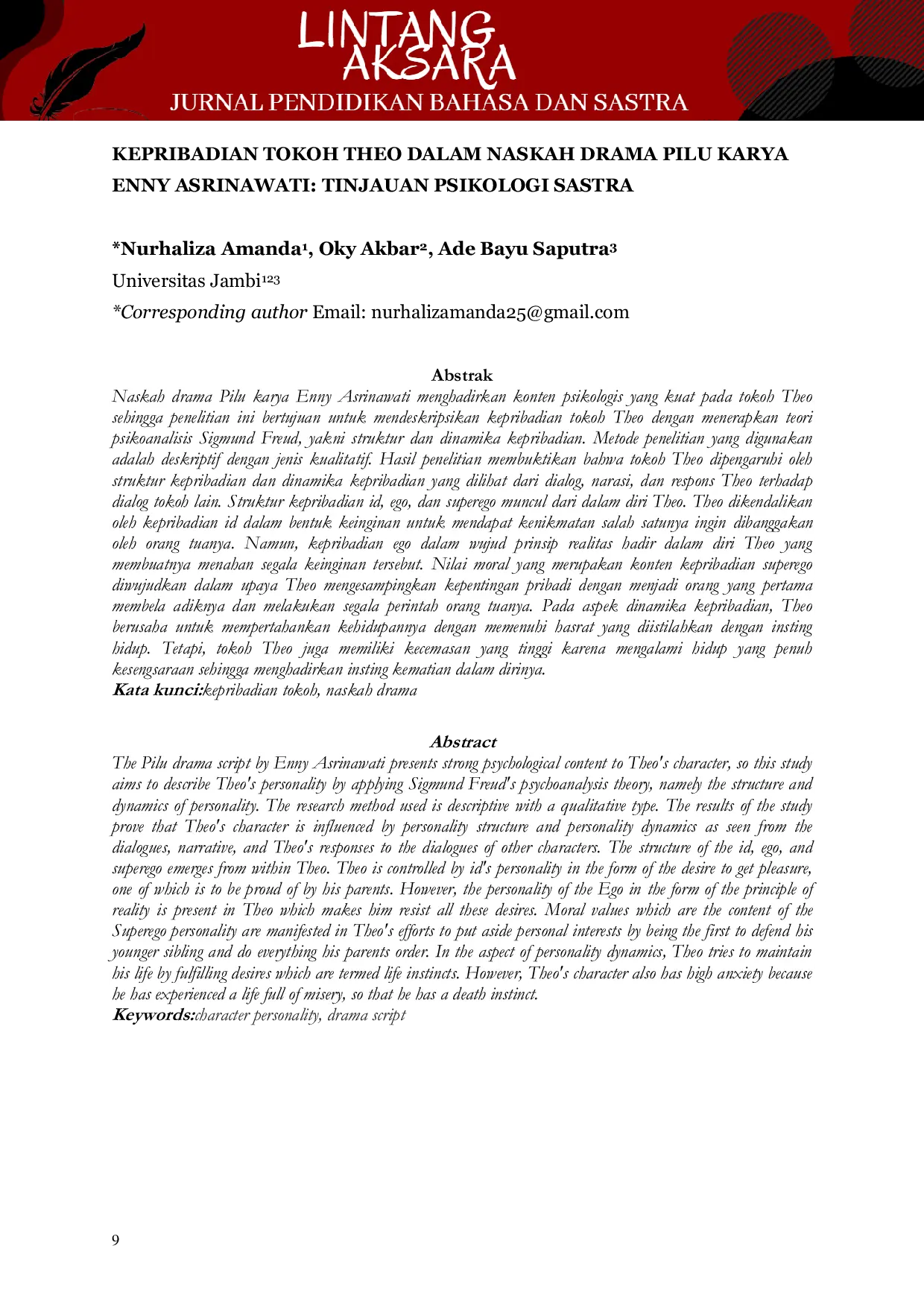 JURIS Kepribadian Tokoh Theo dalam Naskah Drama Pilu Karya Enny Asrinawati Tinjauan Psikologi Sastra