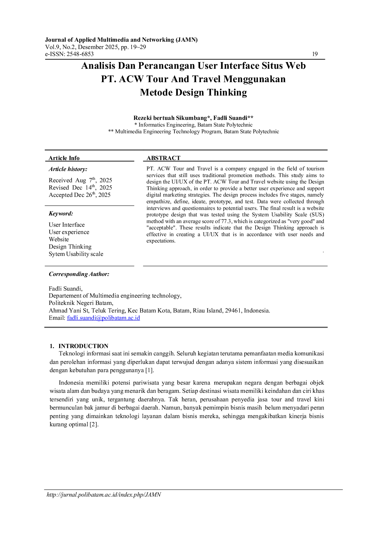 JURIS Analisis dan Perancangan Antarmuka Pengguna Situs Web PT ACW Tour dan Travel Menggunakan Metode Design Thinking