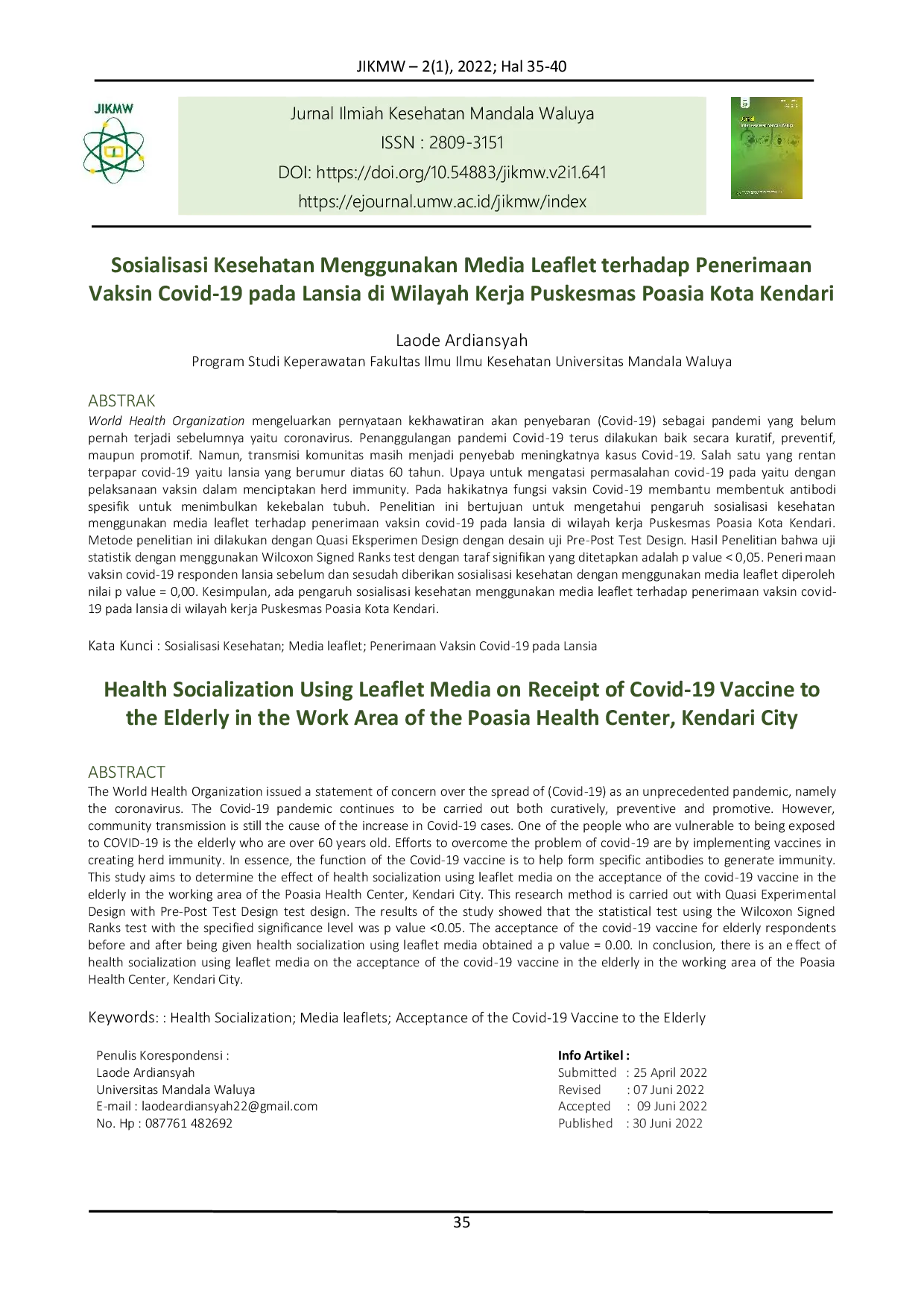 JURIS Sosialisasi Kesehatan Menggunakan Media Leaflet terhadap Penerimaan Vaksin Covid 19 pada Lansia di Wilayah Kerja Puskesmas Poasia Kota Kendari