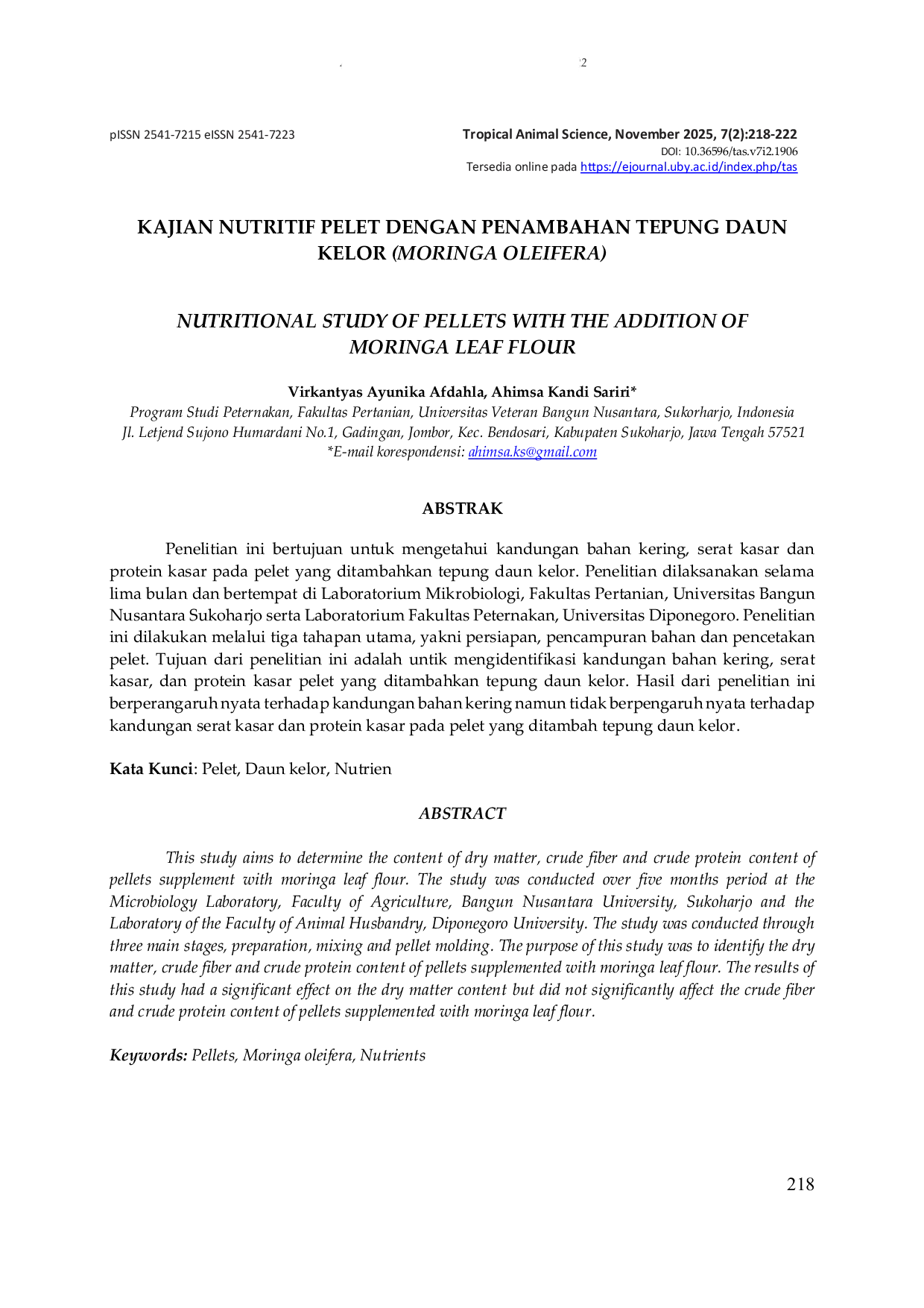 JURIS KAJIAN NUTRITIF PELET DENGAN PENAMBAHAN TEPUNG DAUN KELOR MORINGA OLEIFERA