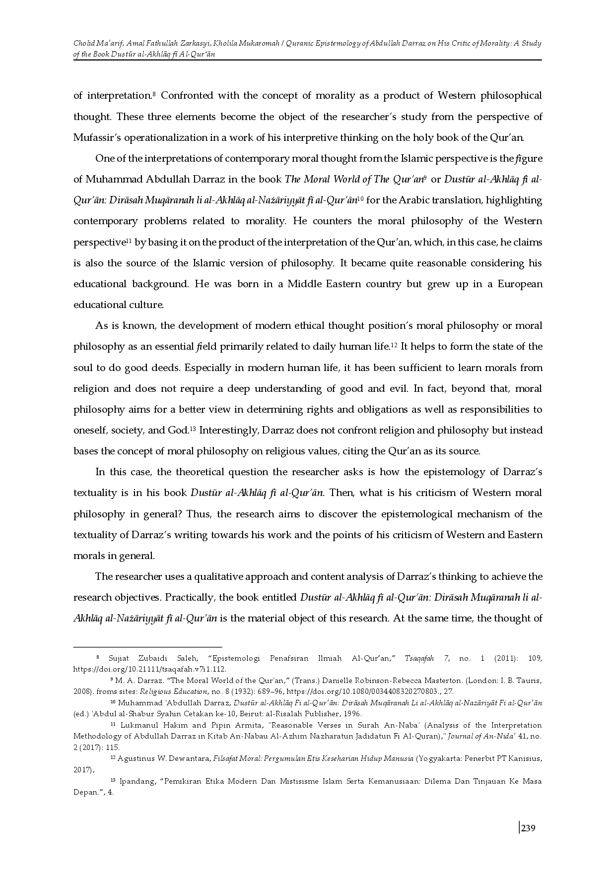 juris Quranic Epistemology of Abdullah Darraz on His Critic of Morality A Study of the Book Dustr al AkhlAq f Al Qur An