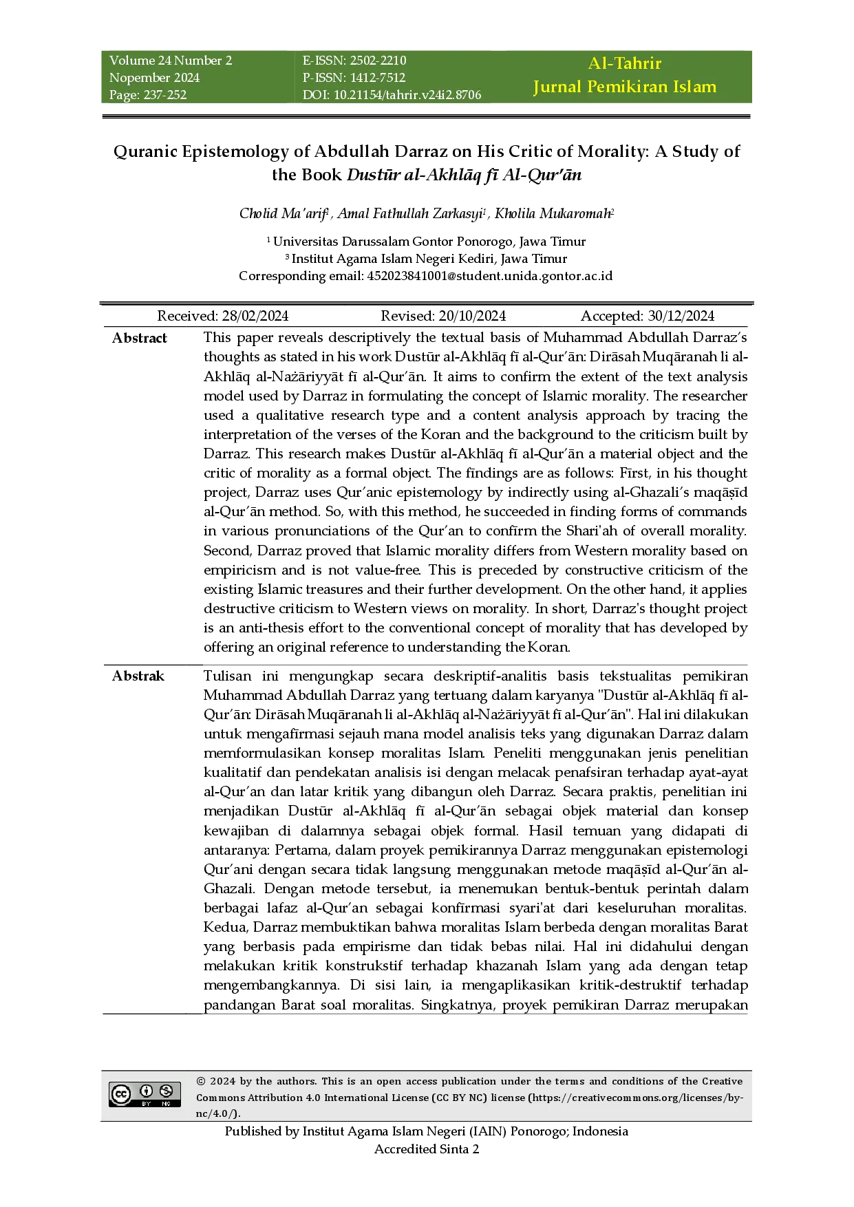 juris Quranic Epistemology of Abdullah Darraz on His Critic of Morality A Study of the Book Dustr al AkhlAq f Al Qur An