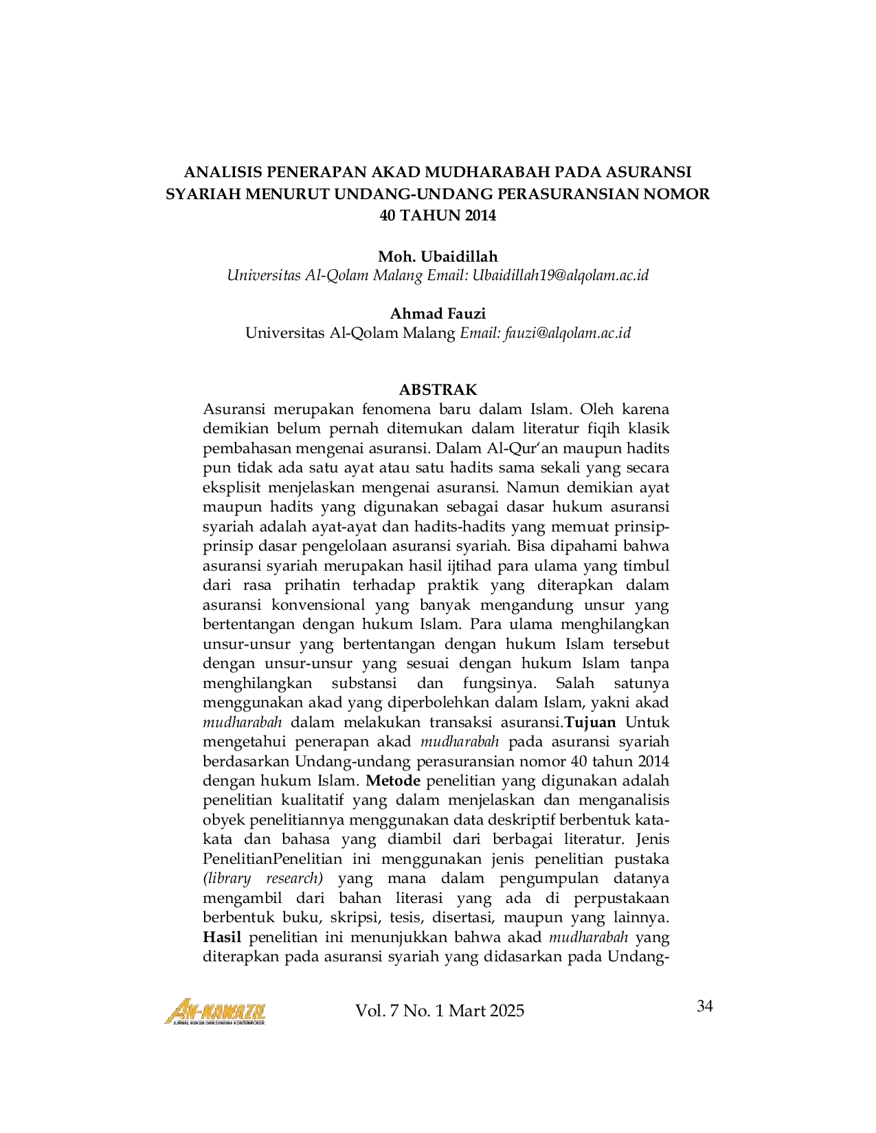 JURIS Analisis Penerapan Akad Mudharabah Pada Asuransi Syariah Menurut Undang Undang Perasuransian Nomor 40 Tahun 2014
