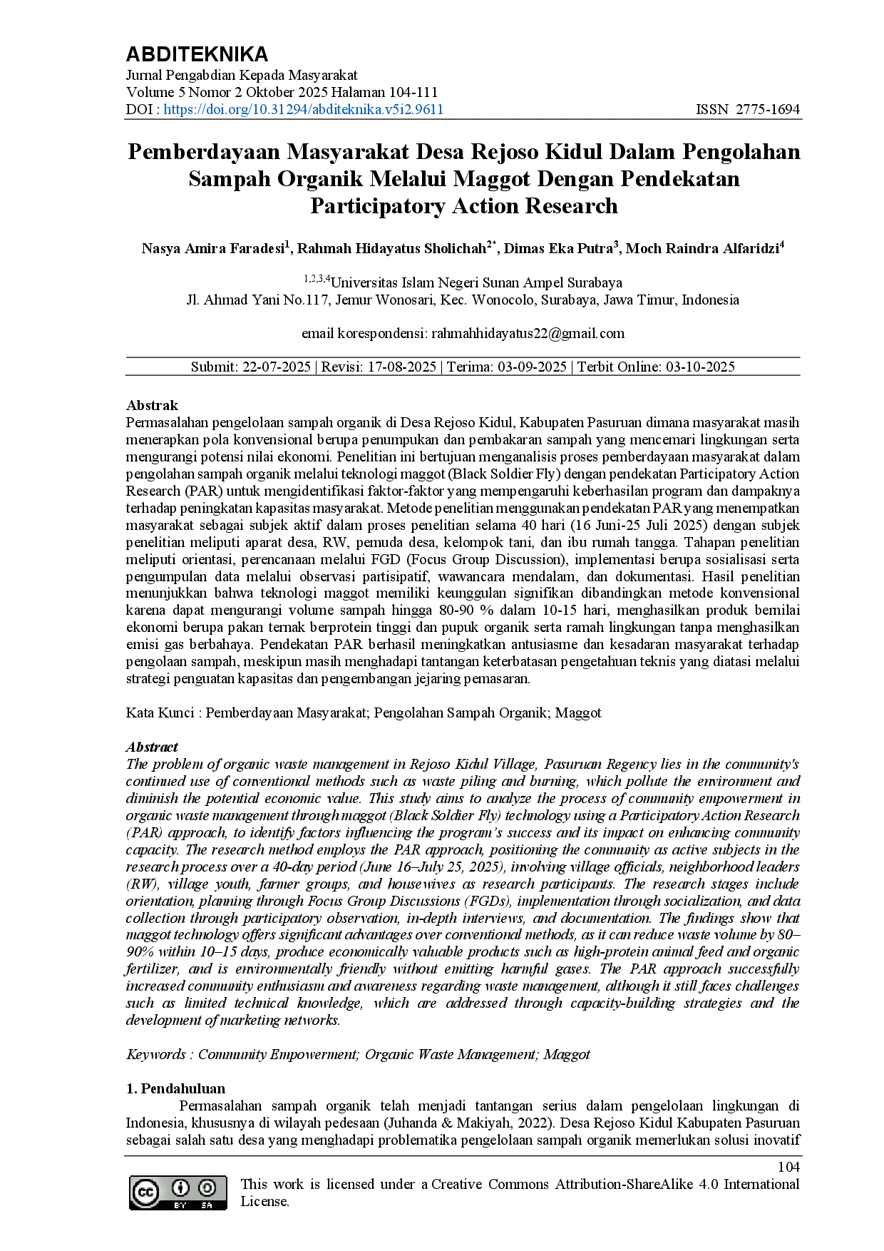 juris Pemberdayaan Masyarakat Desa Rejoso Kidul Dalam Pengolahan Sampah Organik Melalui Maggot Dengan Pendekatan Participatory Action Research