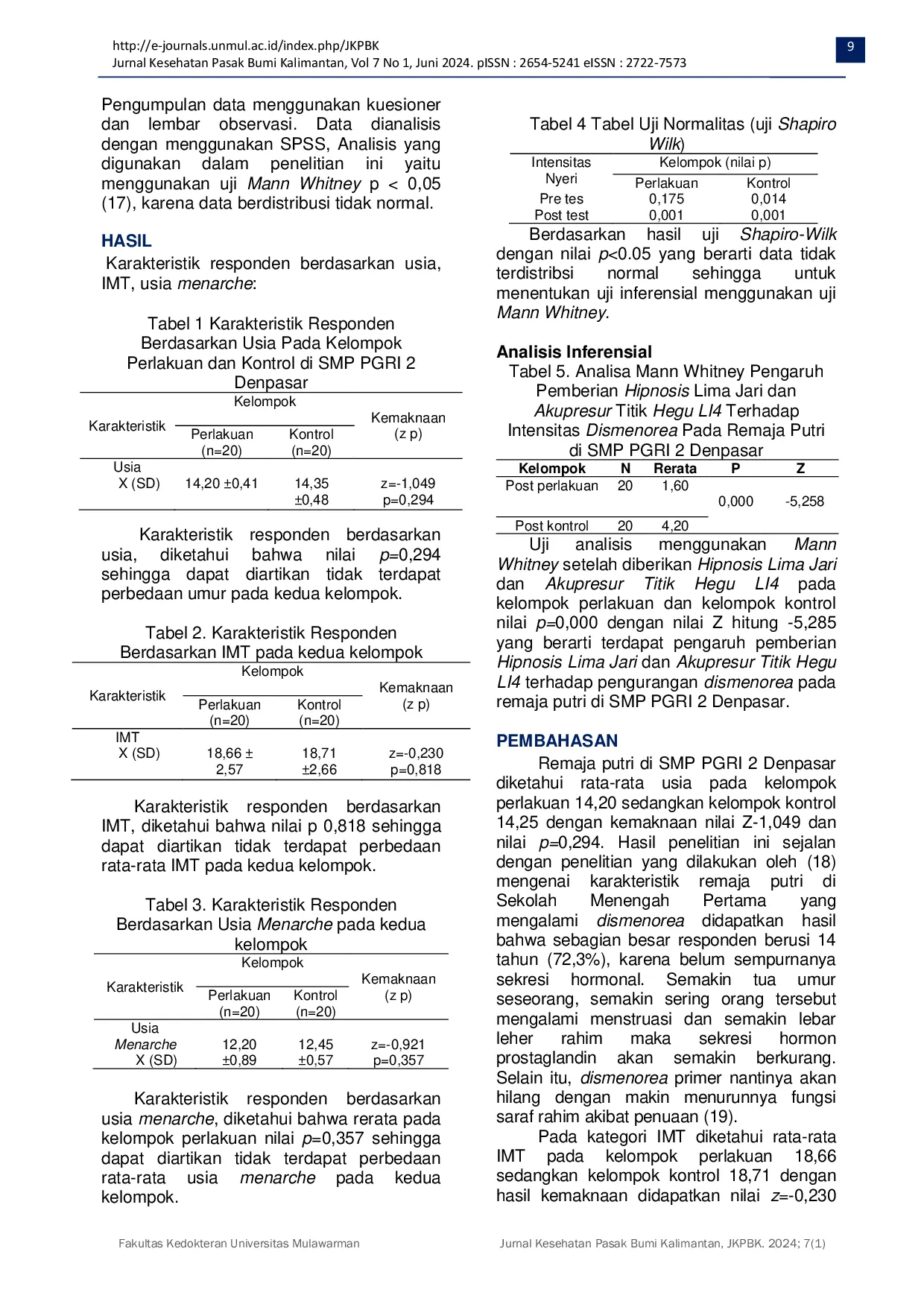 JURIS The Effect of Giving Five Finger Hypnosis and Hegu LI4 Point Acupressure on the Intensity of Dysmenorrhea in Adolescent Girls at Junior high school PGRI 2 Denpasar