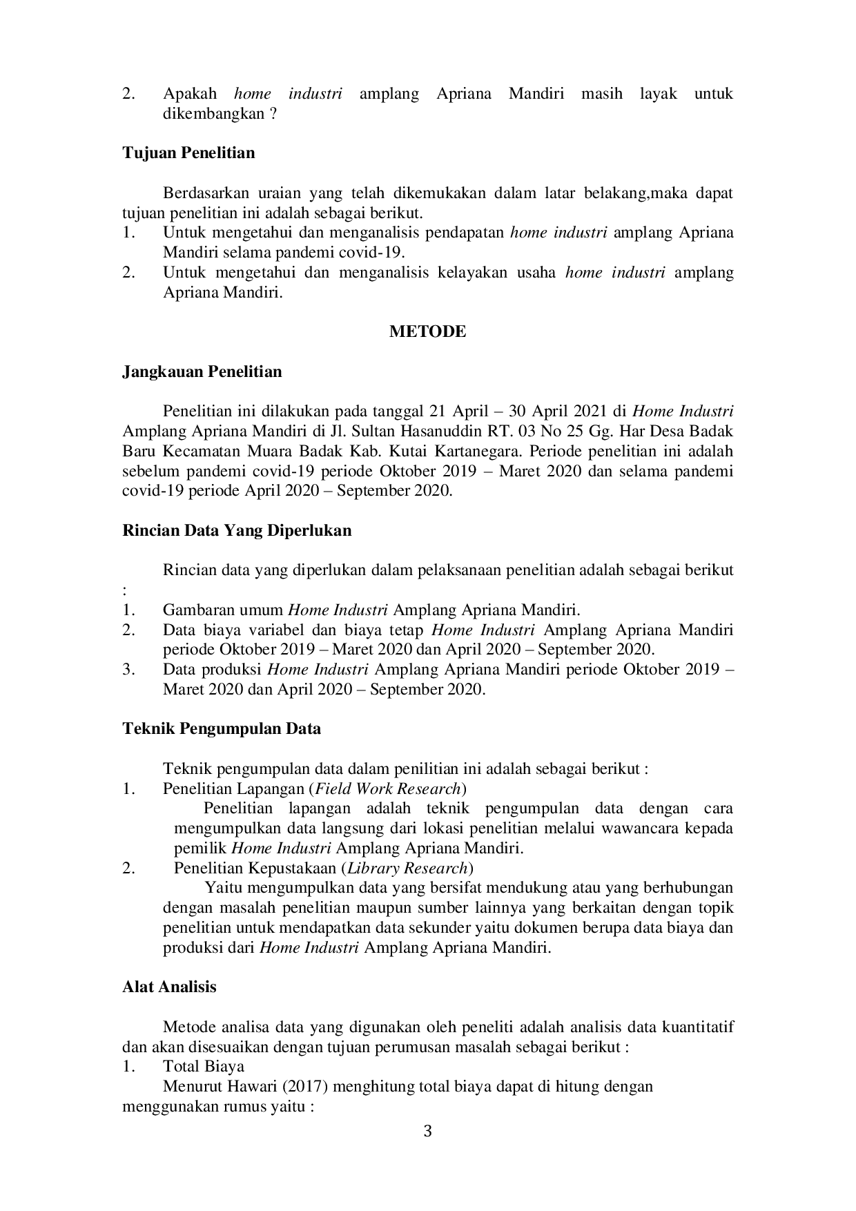 JURIS Analisis Pendapatan Usaha Home Industri Amplang Apriana Mandiri Di Kecamatan Muara Badak Selama Pandemi Covid 19
