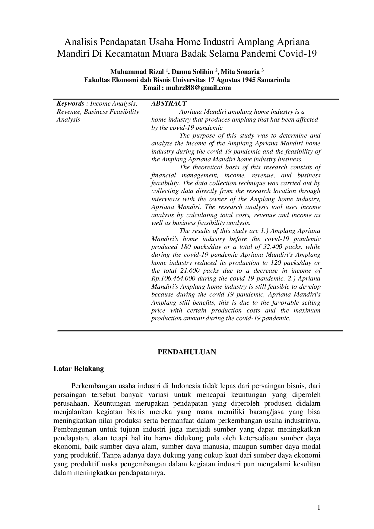 JURIS Analisis Pendapatan Usaha Home Industri Amplang Apriana Mandiri Di Kecamatan Muara Badak Selama Pandemi Covid 19