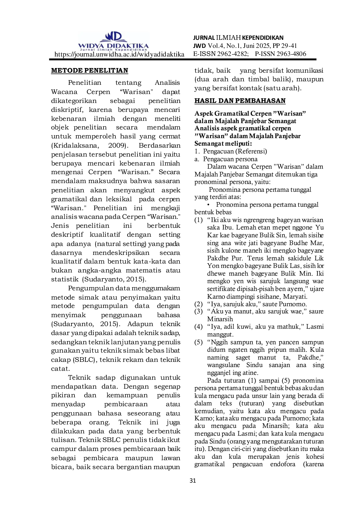 JURIS Analisis Wacana Cerpen Warisan Dalam Majalah Panjebar Semangat No 33 14 Agustus 2021