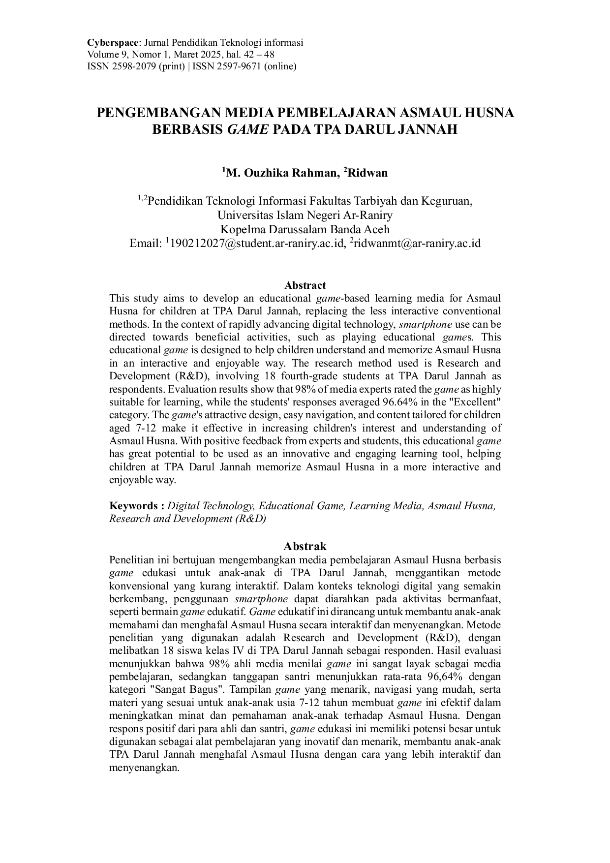 JURIS Pengembangan Media Pembelajaran Asmaul Husna Berbasis Game Pada TPA Darul Jannah