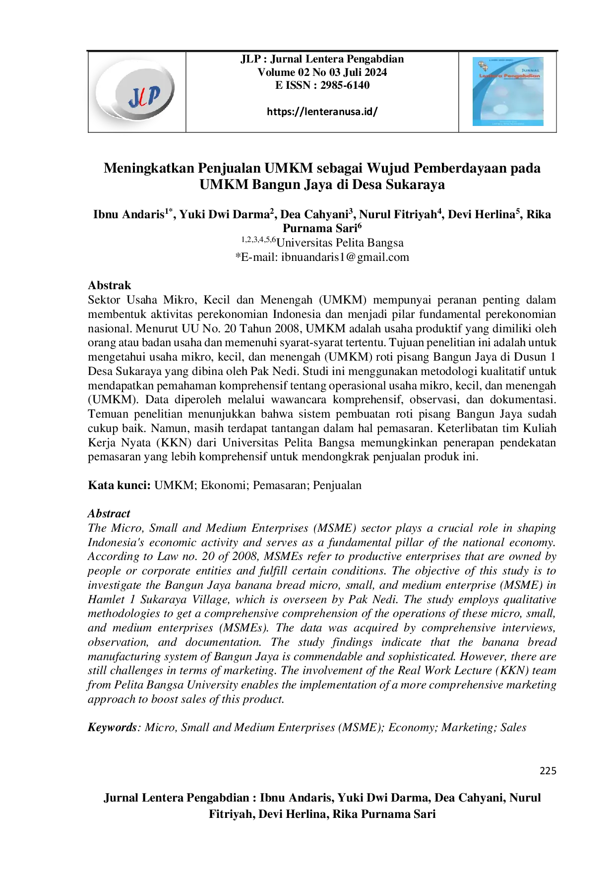 juris Meningkatkan Penjualan UMKM sebagai Wujud Pemberdayaan Pada UMKM Bangun Jaya Di Desa Sukaraya