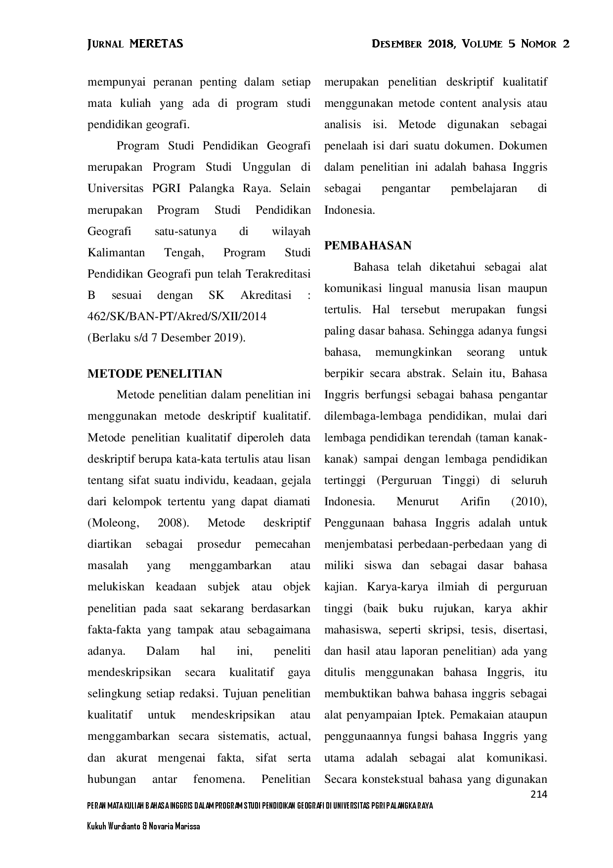 juris Peran Mata Kuliah Bahasa Inggris Dalam Program Studi Pendidikan Geografi Di Universitas PGRI Palangka Raya