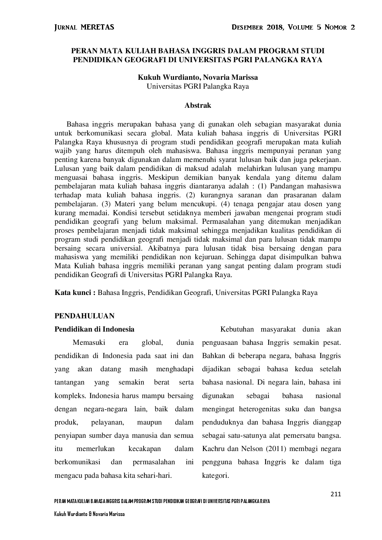 juris Peran Mata Kuliah Bahasa Inggris Dalam Program Studi Pendidikan Geografi Di Universitas PGRI Palangka Raya