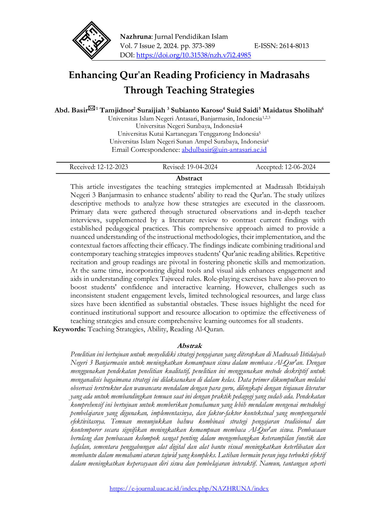 JURIS Enhancing Qur an Reading Proficiency in Madrasahs Through Teaching Strategies