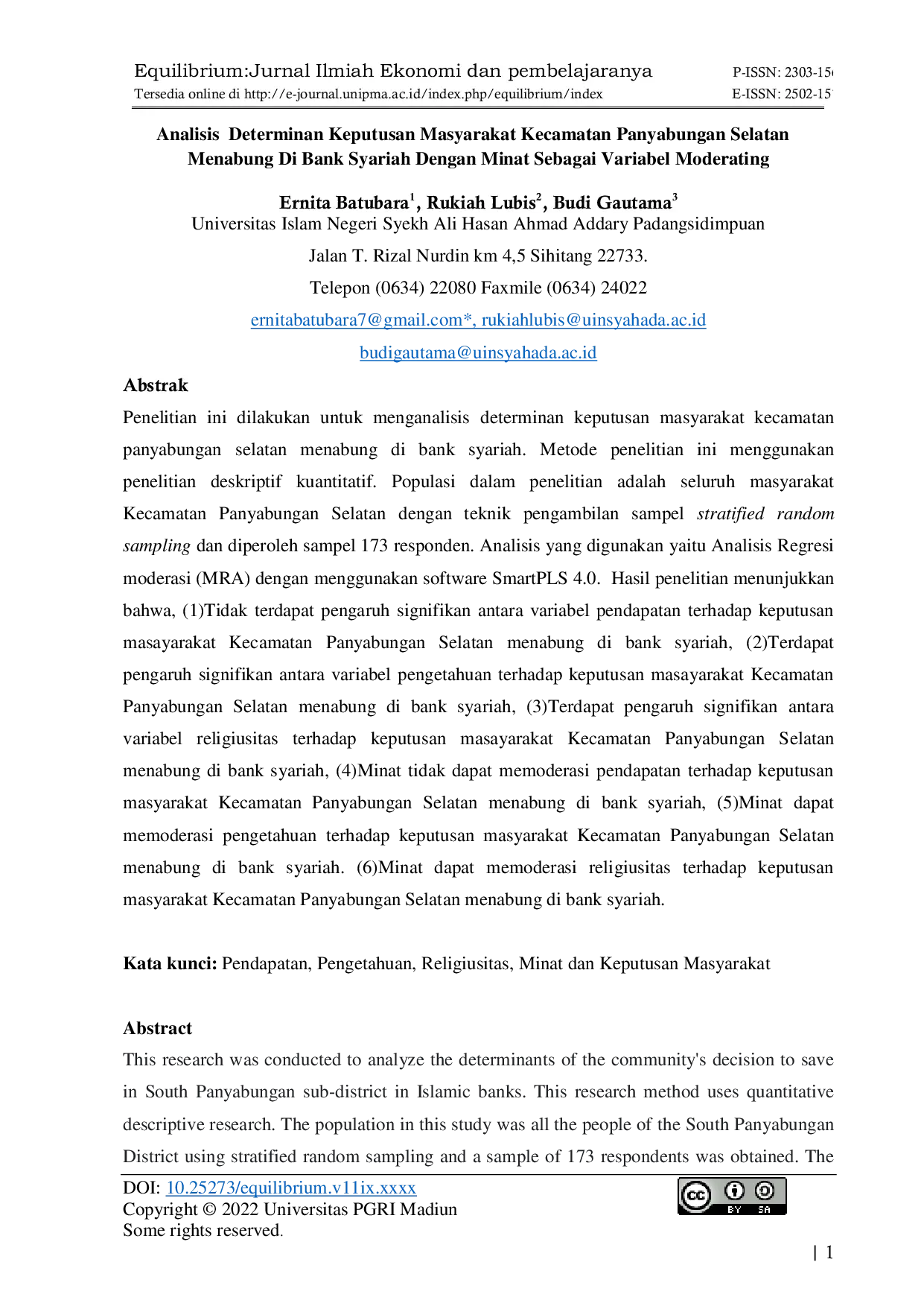 JURIS Analisis determinan keputusan Masyarakat Kecamatan Panyabungan Selatan Menabung di Bank Syariah dengan Minat Sebagai Variabel Moderating