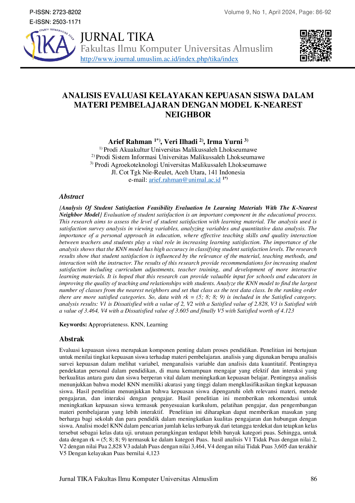 JURIS Analisis Evaluasi Kelayakan Kepuasan Siswa dalam Materi Pembelajaran dengan Model K Nearest Neighbor