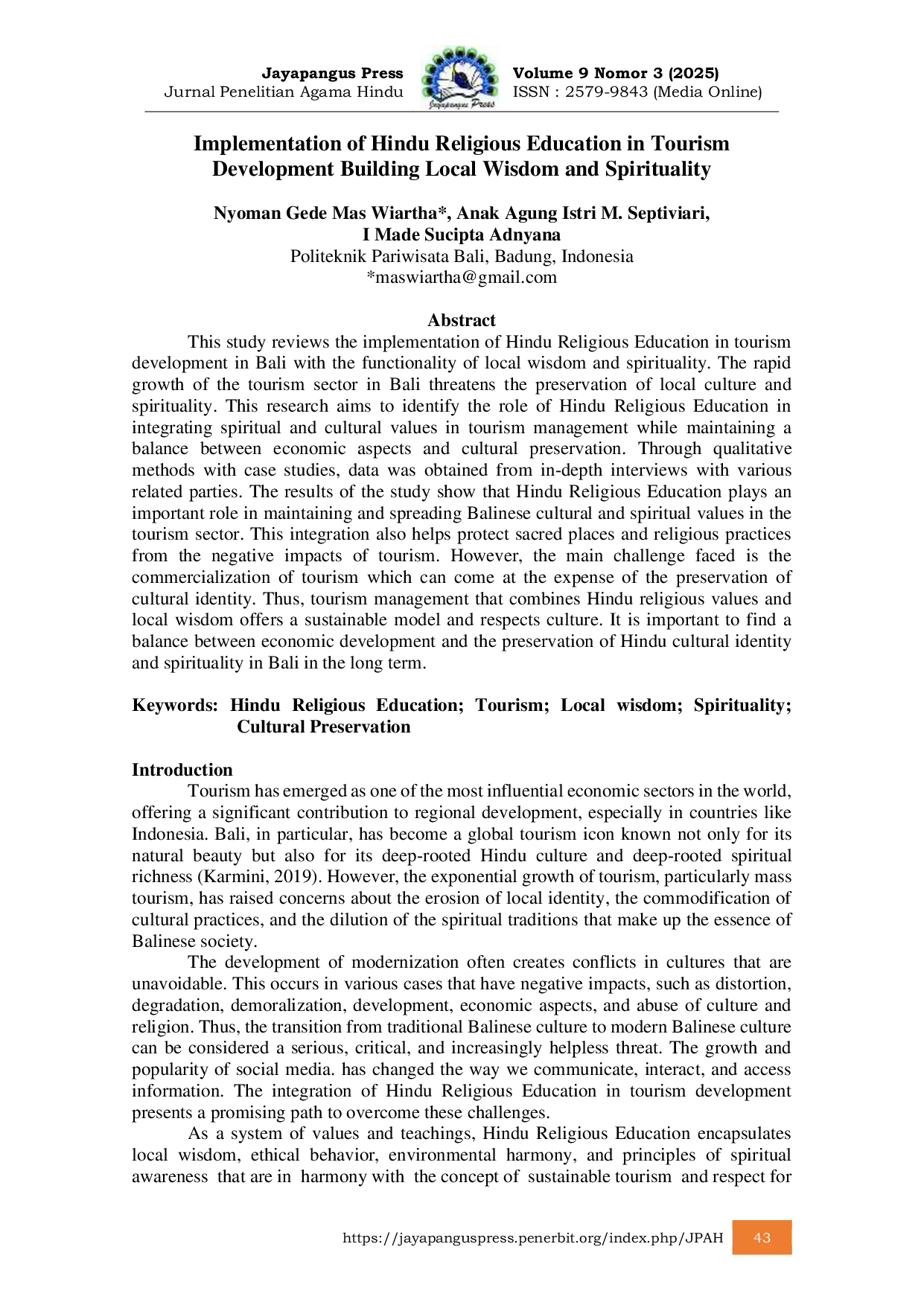 JURIS Implementation of Hindu Religious Education in Tourism Development Building Local Wisdom and Spirituality