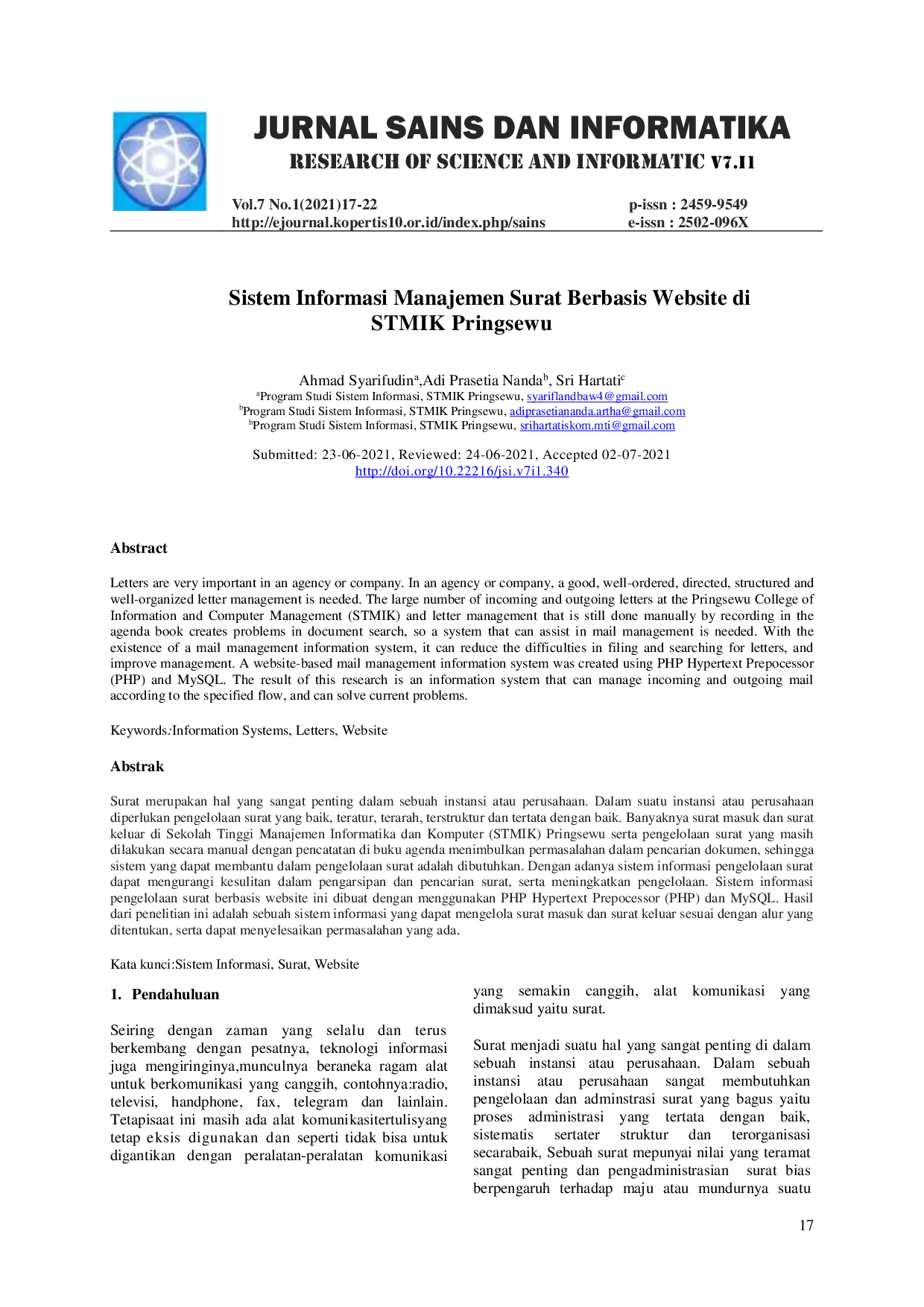 JURIS Sistem Sistem Informasi Manajemen Surat Berbasis Website di STMIK Pringsewu